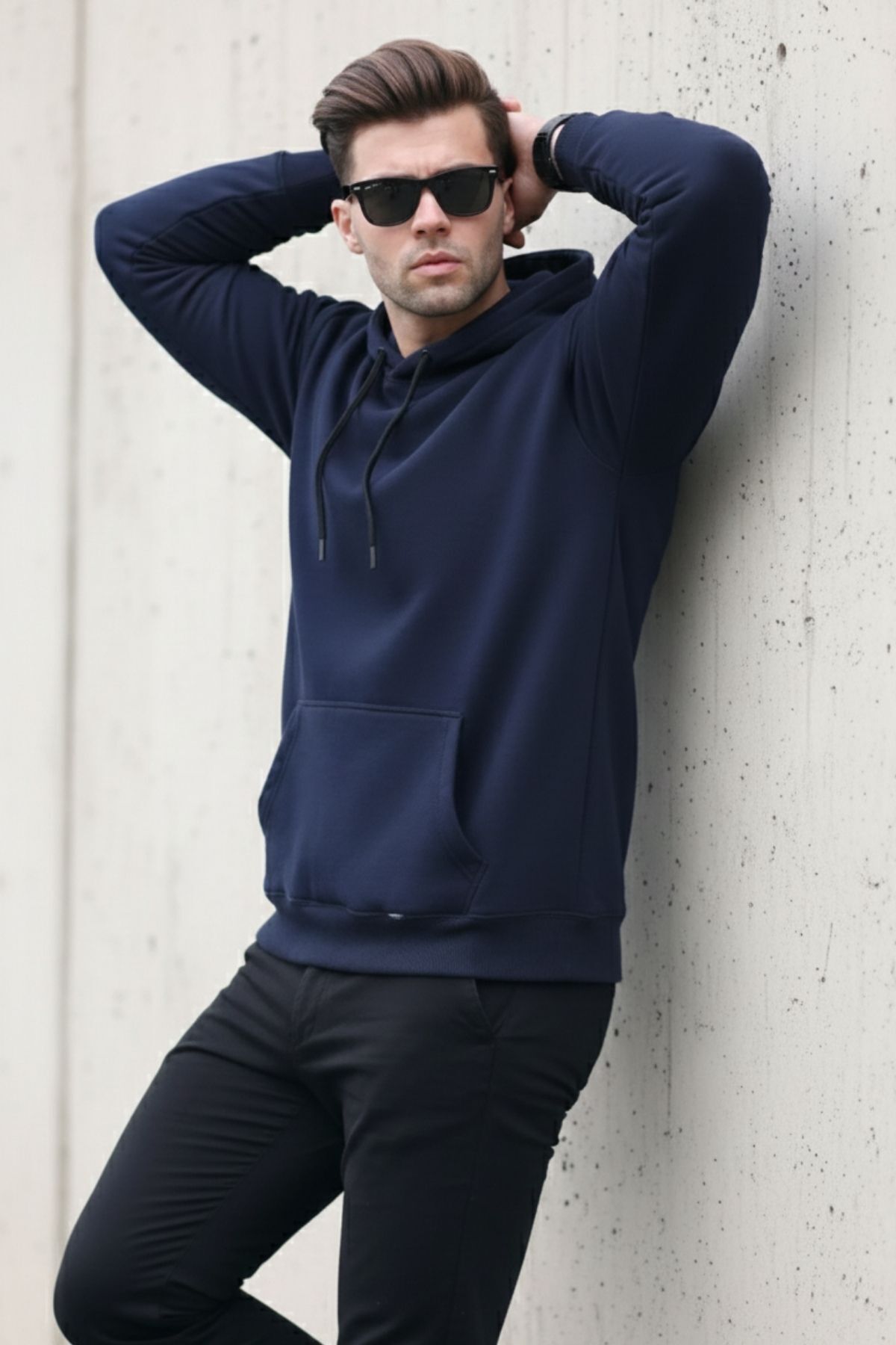 Erkek Casual Kanguru Cepli Bol Mavi Sweatshirt 3