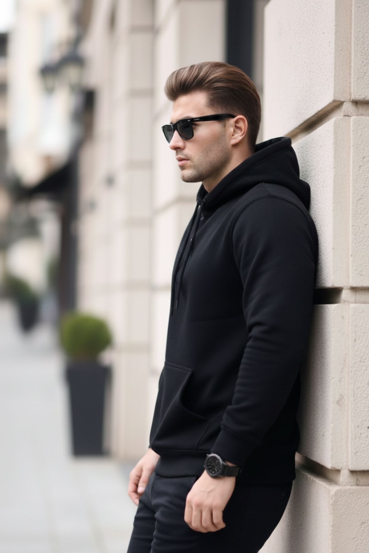Erkek Casual Kanguru Cepli Bol Siyah Sweatshirt 5