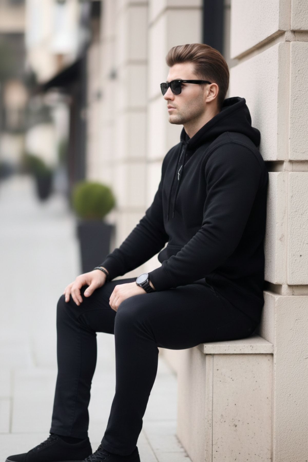 Erkek Casual Kanguru Cepli Bol Siyah Sweatshirt 6