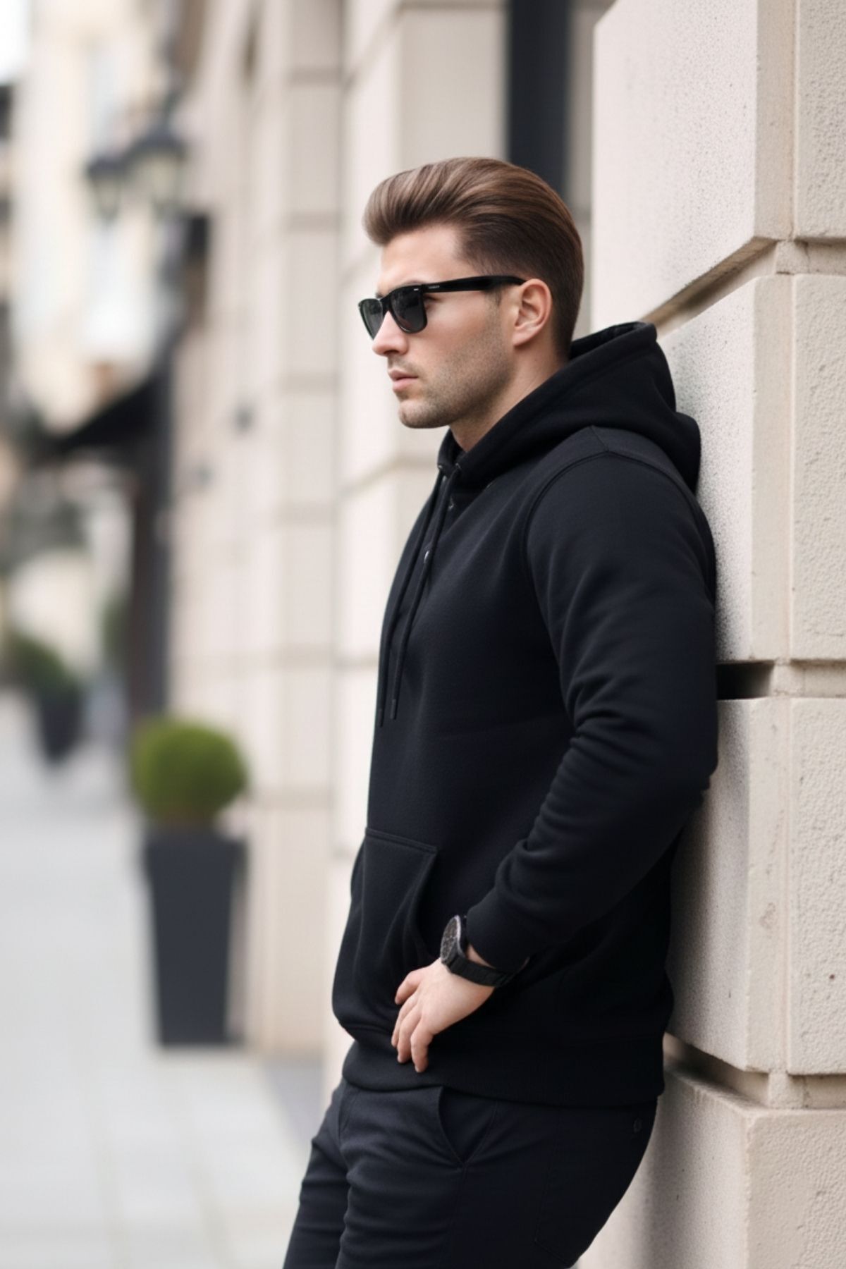 Erkek Casual Kanguru Cepli Bol Siyah Sweatshirt 4