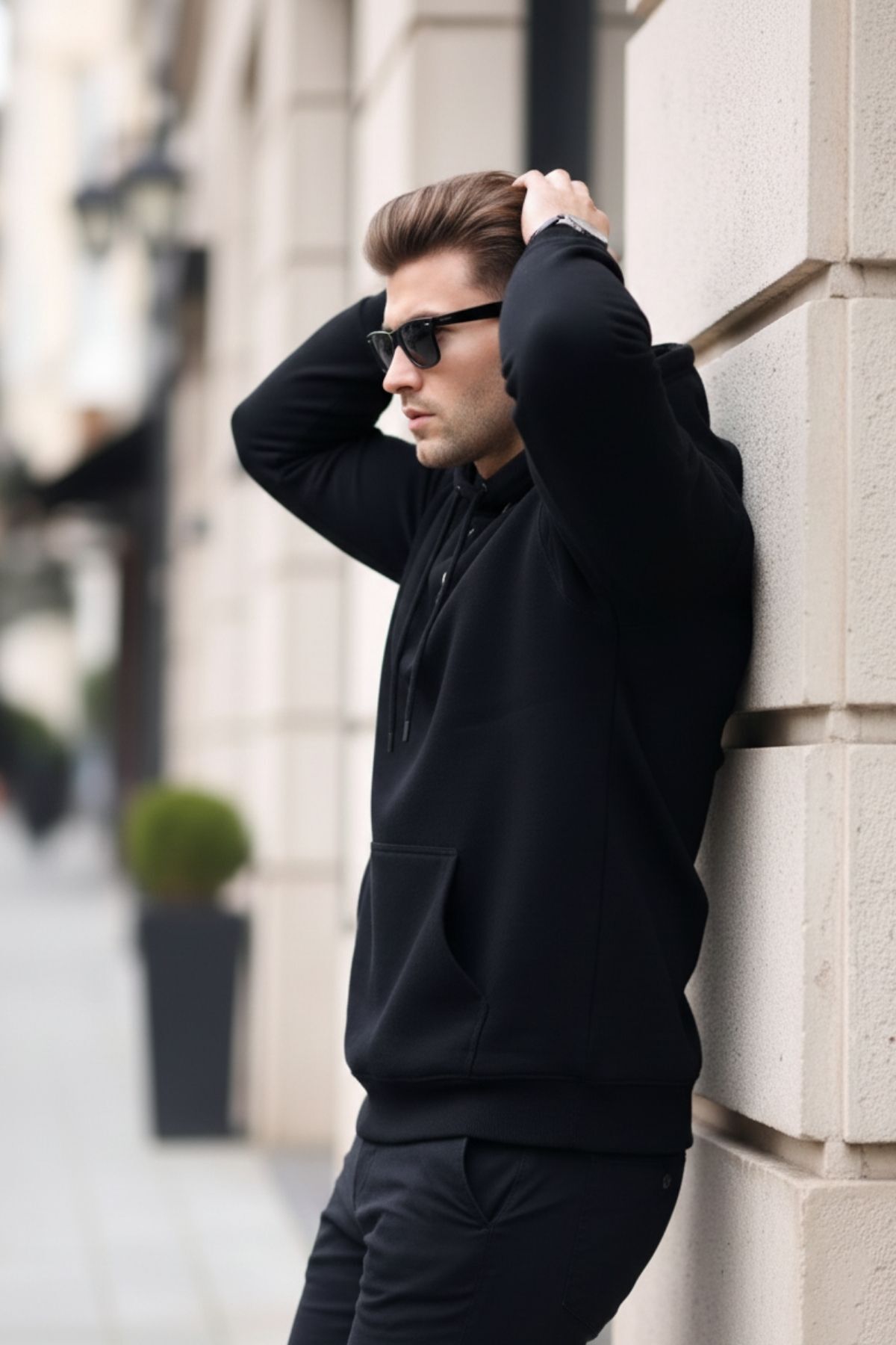 Erkek Casual Kanguru Cepli Bol Siyah Sweatshirt 3