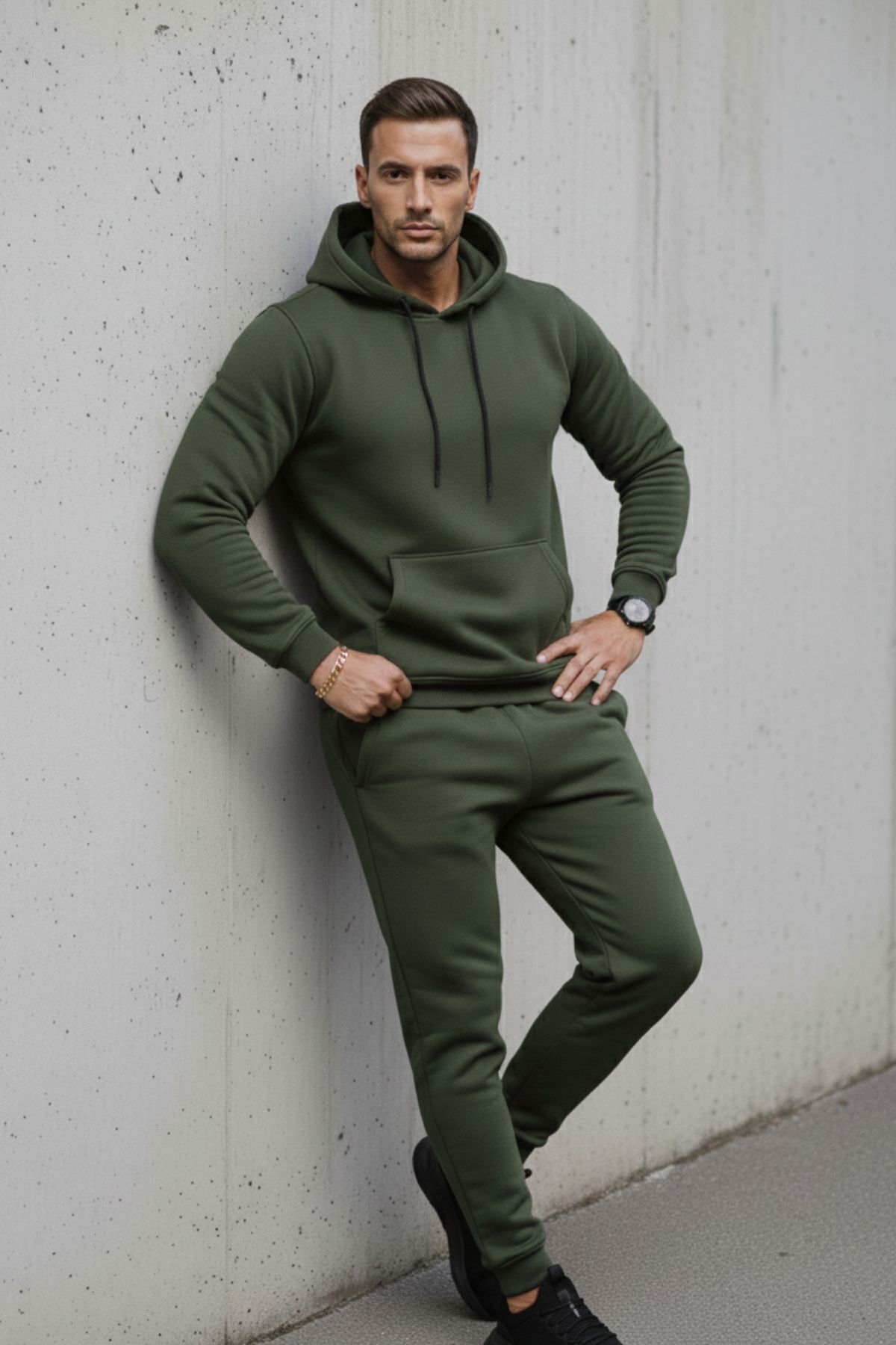 Erkek Kanguru Cepli Haki Kapşonlu Sweatshirt 5