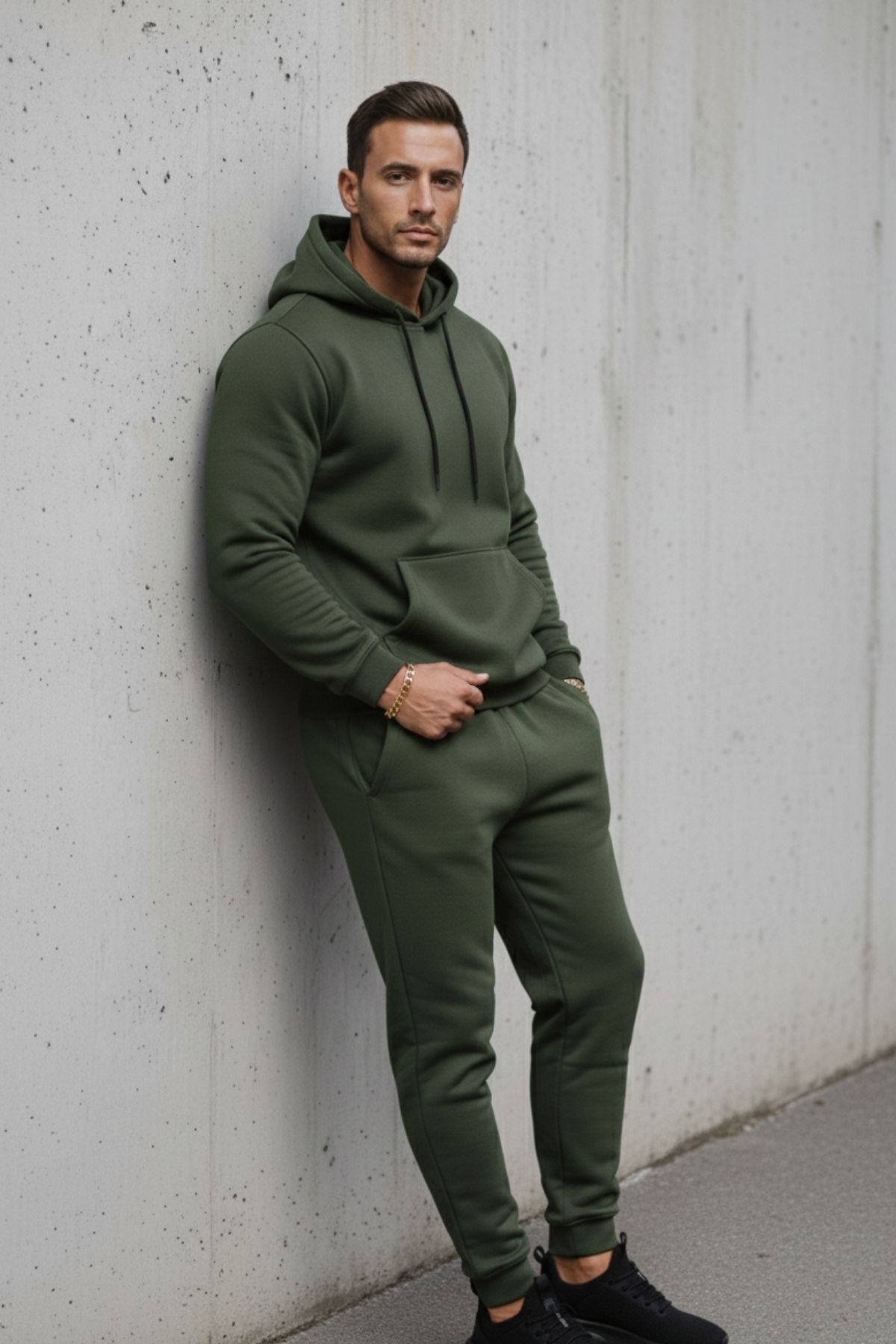 Erkek Kanguru Cepli Haki Kapşonlu Sweatshirt 3