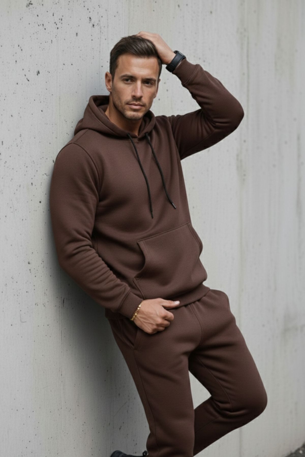 Erkek Kanguru Cepli Kahve Kapşonlu Sweatshirt 4