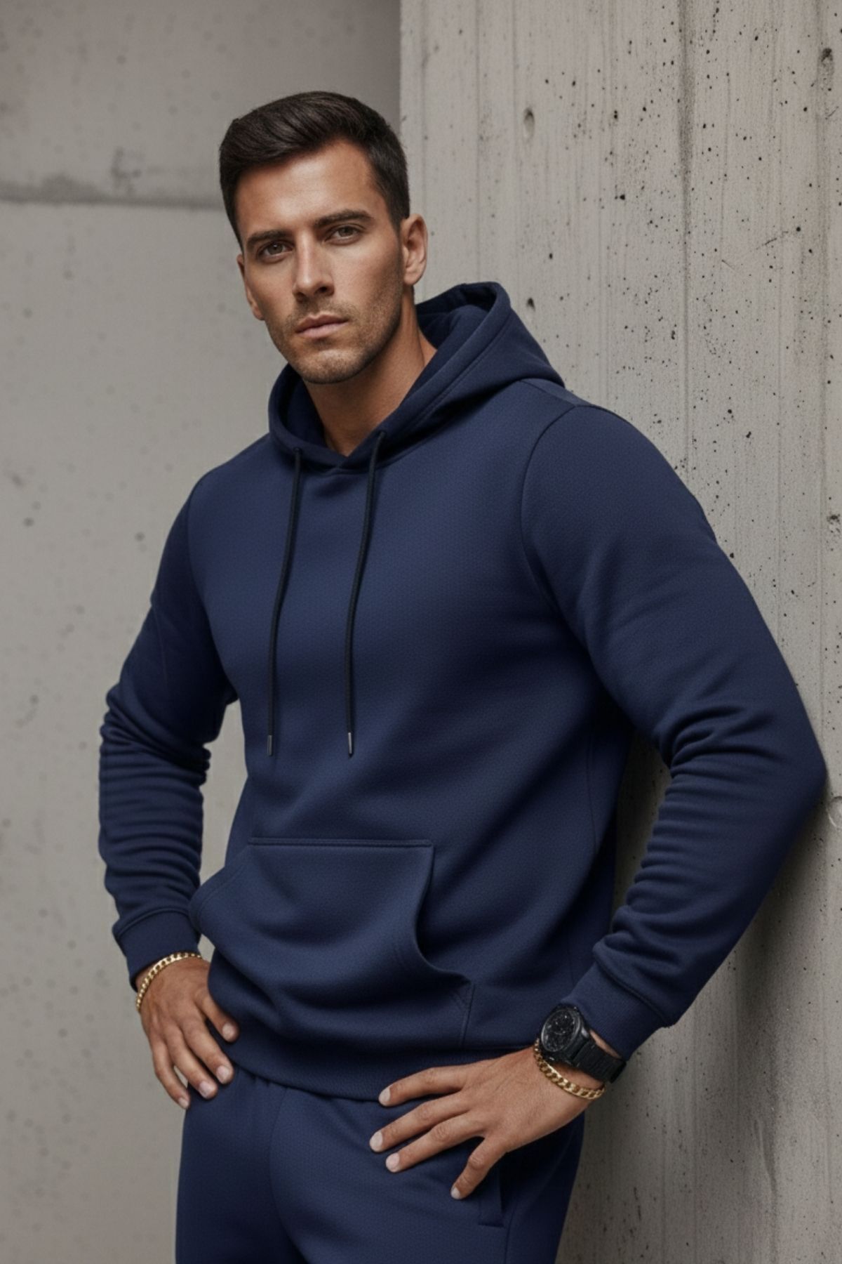 Erkek Kanguru Cepli Mavi Kapşonlu Sweatshirt 5