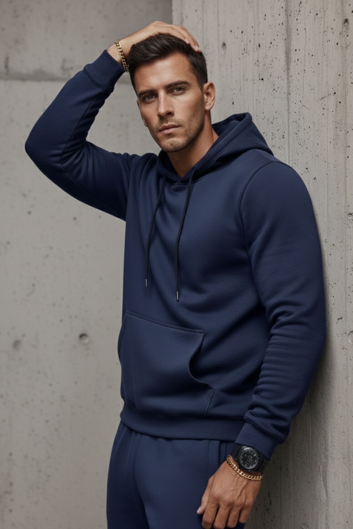 Erkek Kanguru Cepli Mavi Kapşonlu Sweatshirt 4
