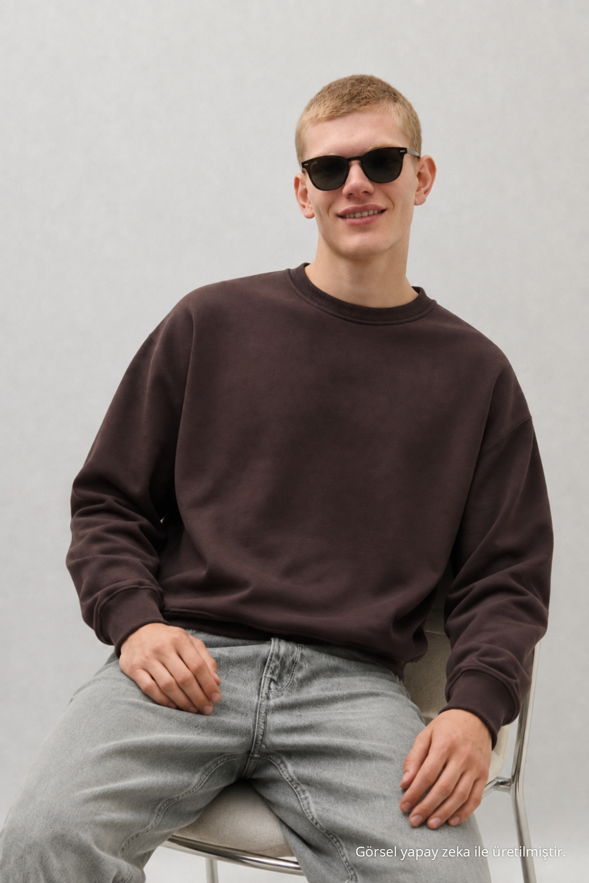 Erkek %100 Pamuk Rahat Kahve Kışlık Sweatshirt 3