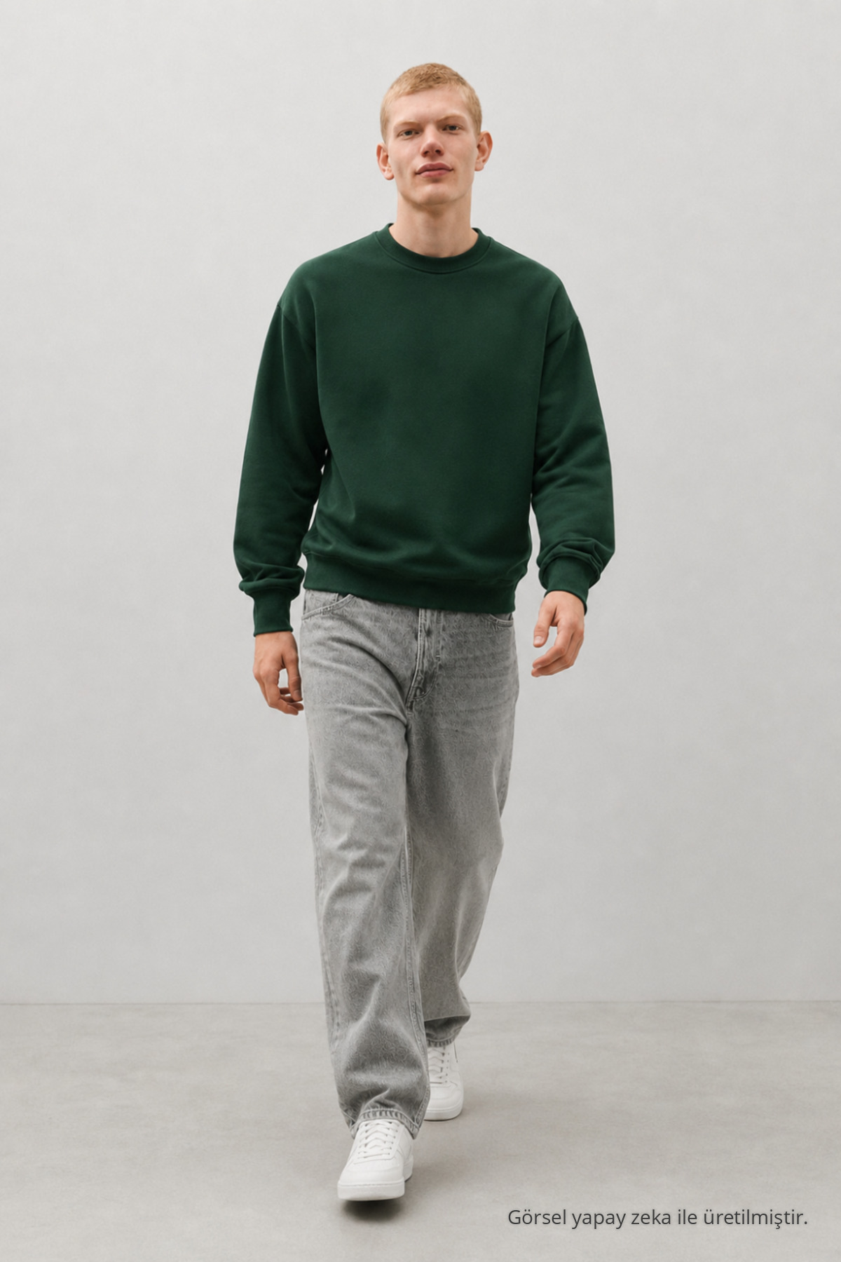 Erkek %100 Pamuk Rahat Koyu Yeşil Kışlık Sweatshirt 3
