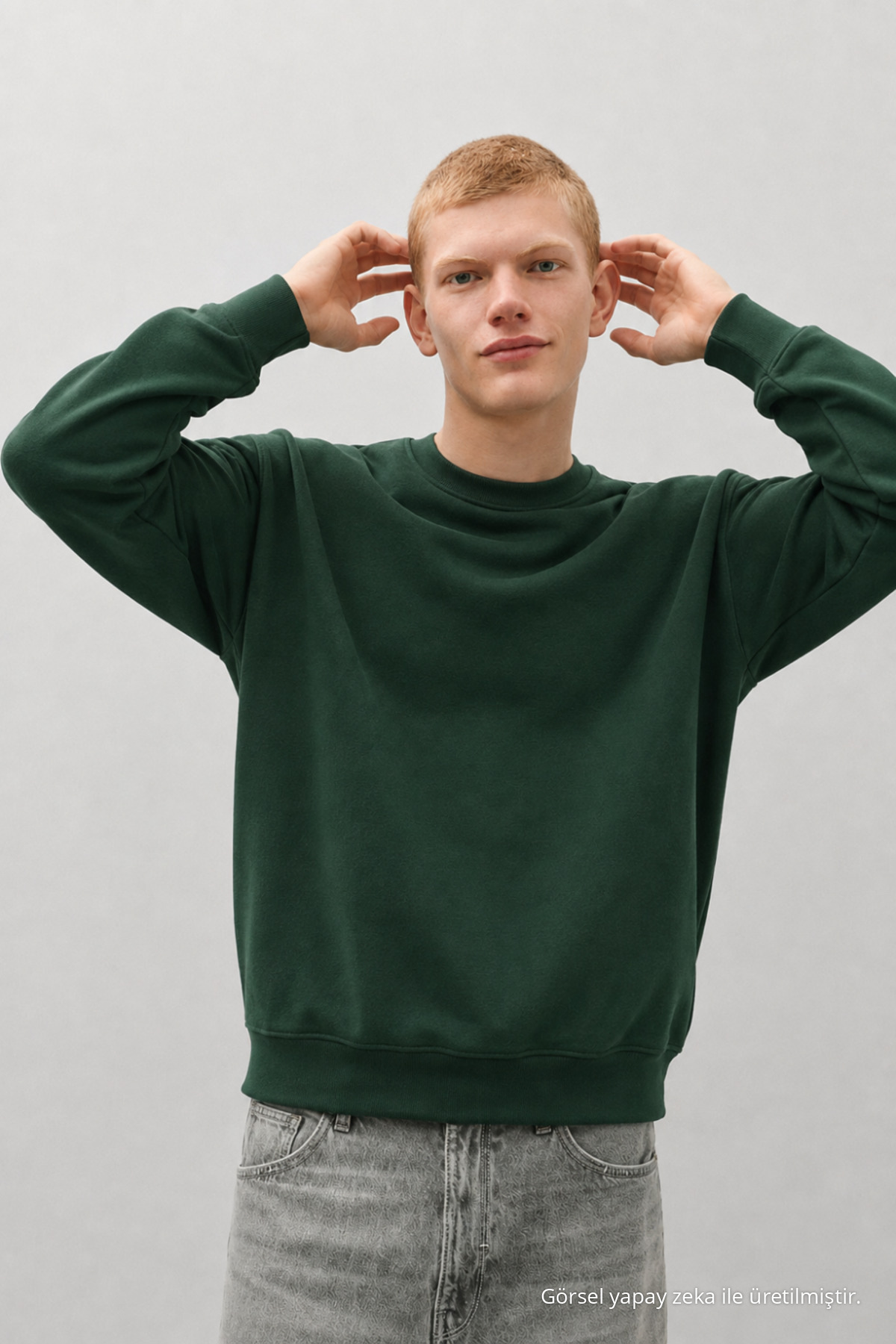 Erkek %100 Pamuk Rahat Koyu Yeşil Kışlık Sweatshirt 4
