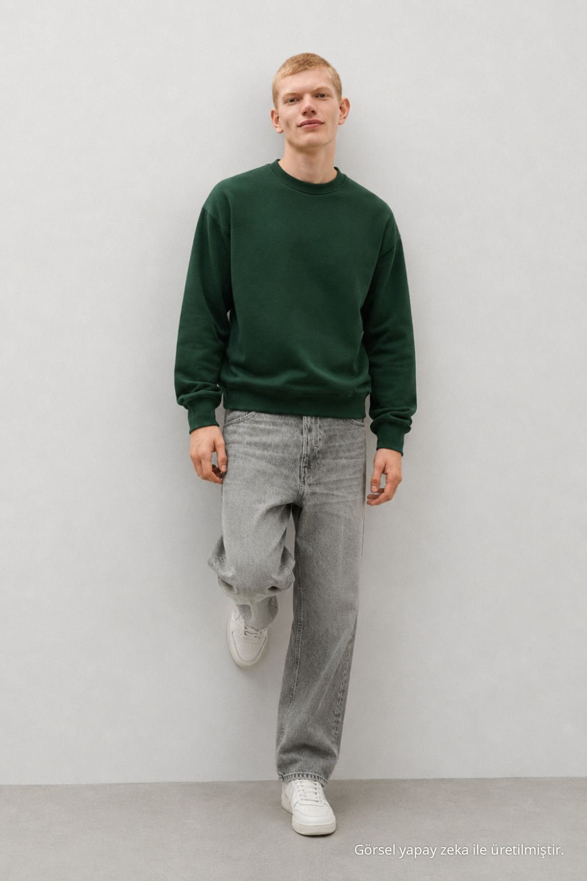 Erkek %100 Pamuk Rahat Koyu Yeşil Kışlık Sweatshirt 5