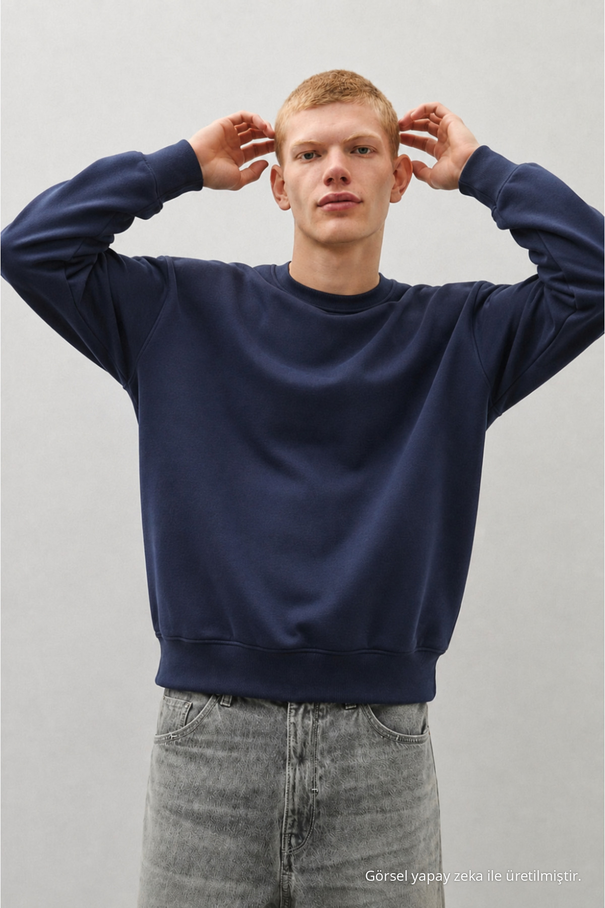 Erkek %100 Pamuk Rahat Lacivert Kışlık Sweatshirt 5