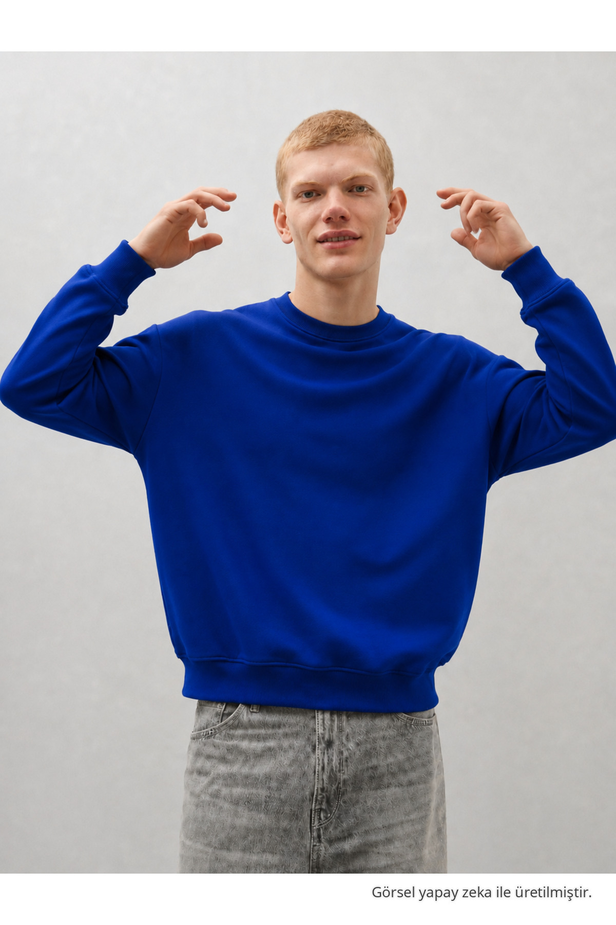 Erkek %100 Pamuk Rahat Mavi Kışlık Sweatshirt 5
