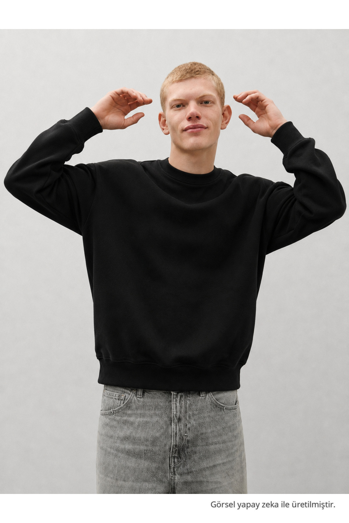 Erkek %100 Pamuk Rahat Siyah Kışlık Sweatshirt 5