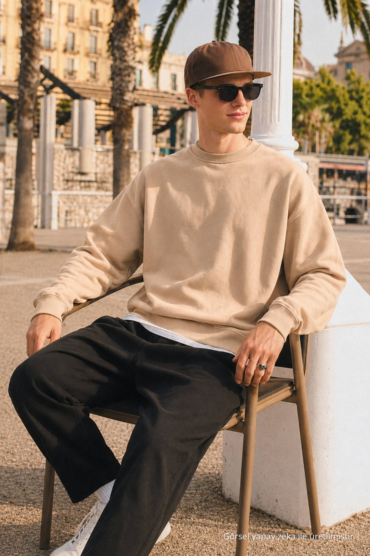 Erkek Günlük Bisiklet Yaka Açık Bej Basic Sweatshirt 3