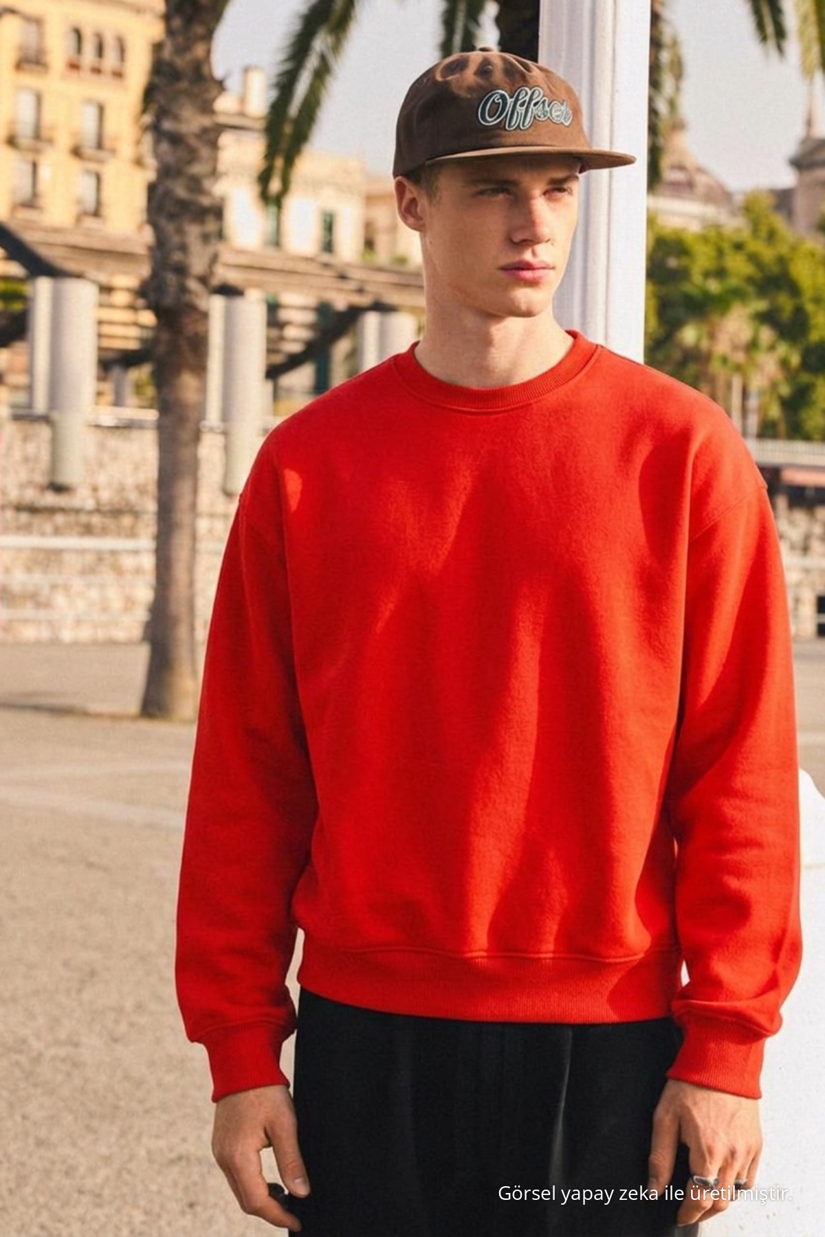 Erkek Günlük Bisiklet Yaka Kırmızı Basic Sweatshirt 5