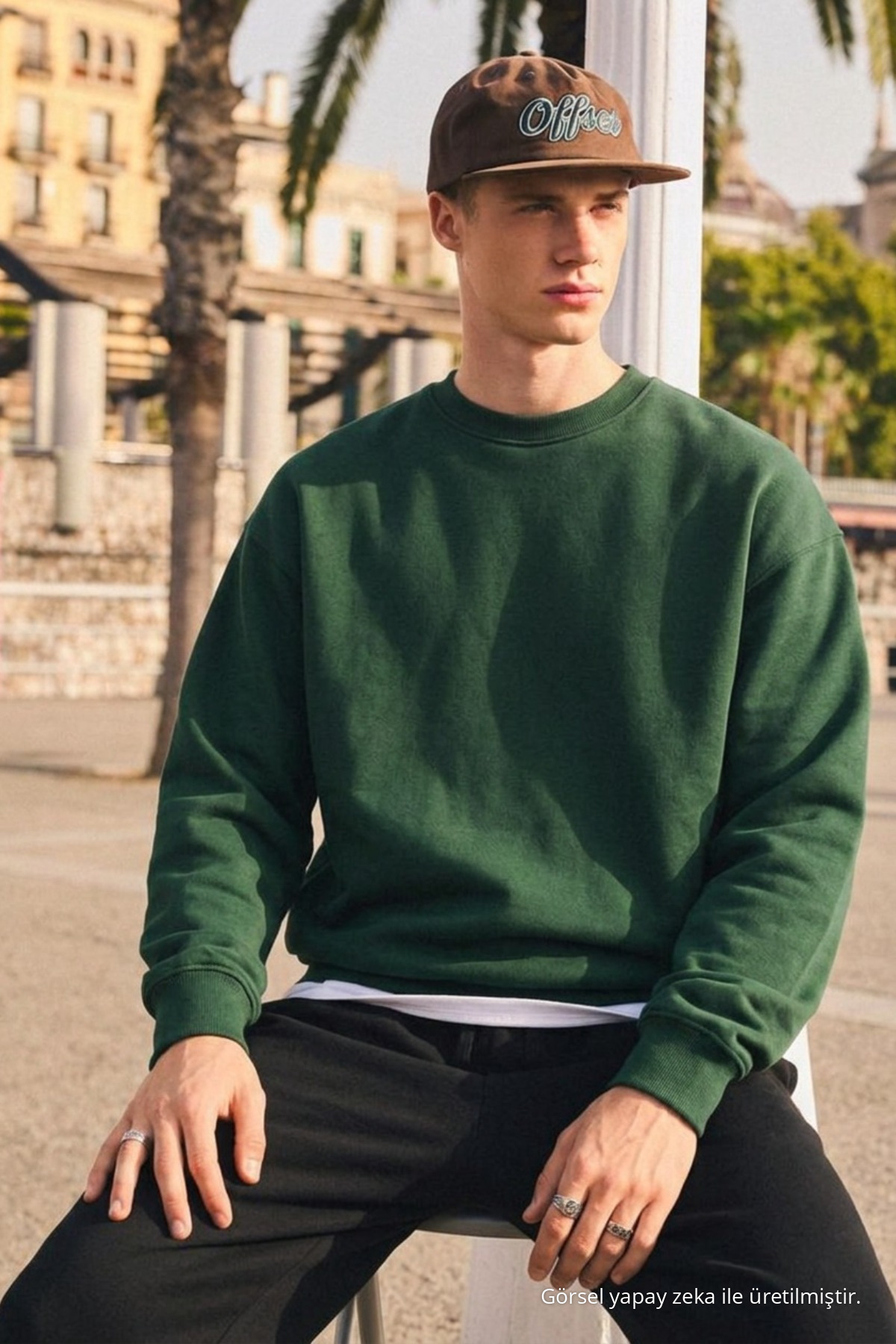 Erkek Günlük Bisiklet Yaka Koyu Yeşil Basic Sweatshirt 3