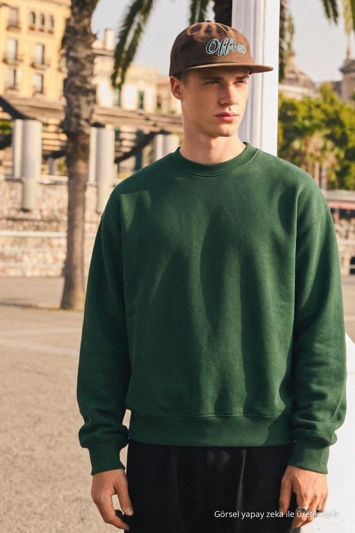 Erkek Günlük Bisiklet Yaka Koyu Yeşil Basic Sweatshirt 5