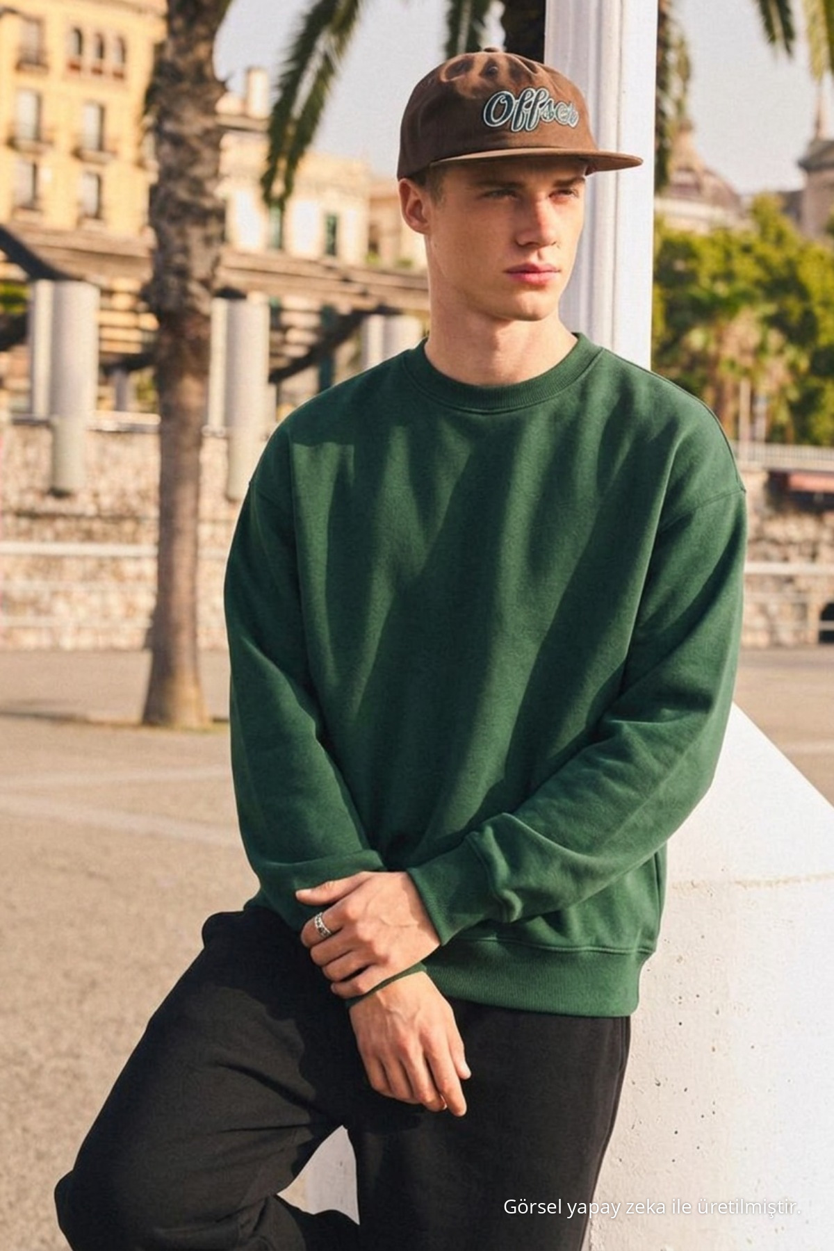 Erkek Günlük Bisiklet Yaka Koyu Yeşil Basic Sweatshirt 4