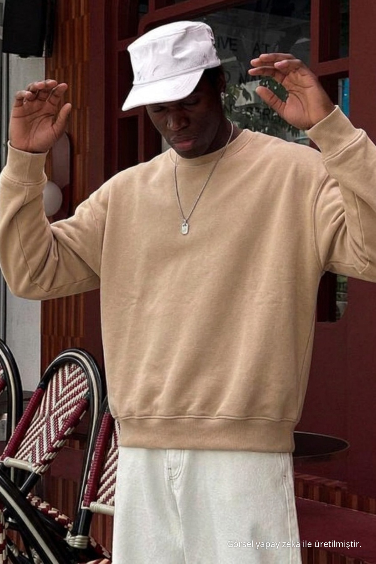 Erkek Pamuklu Salaş Açık Bej Kışlık Sweatshirt 6