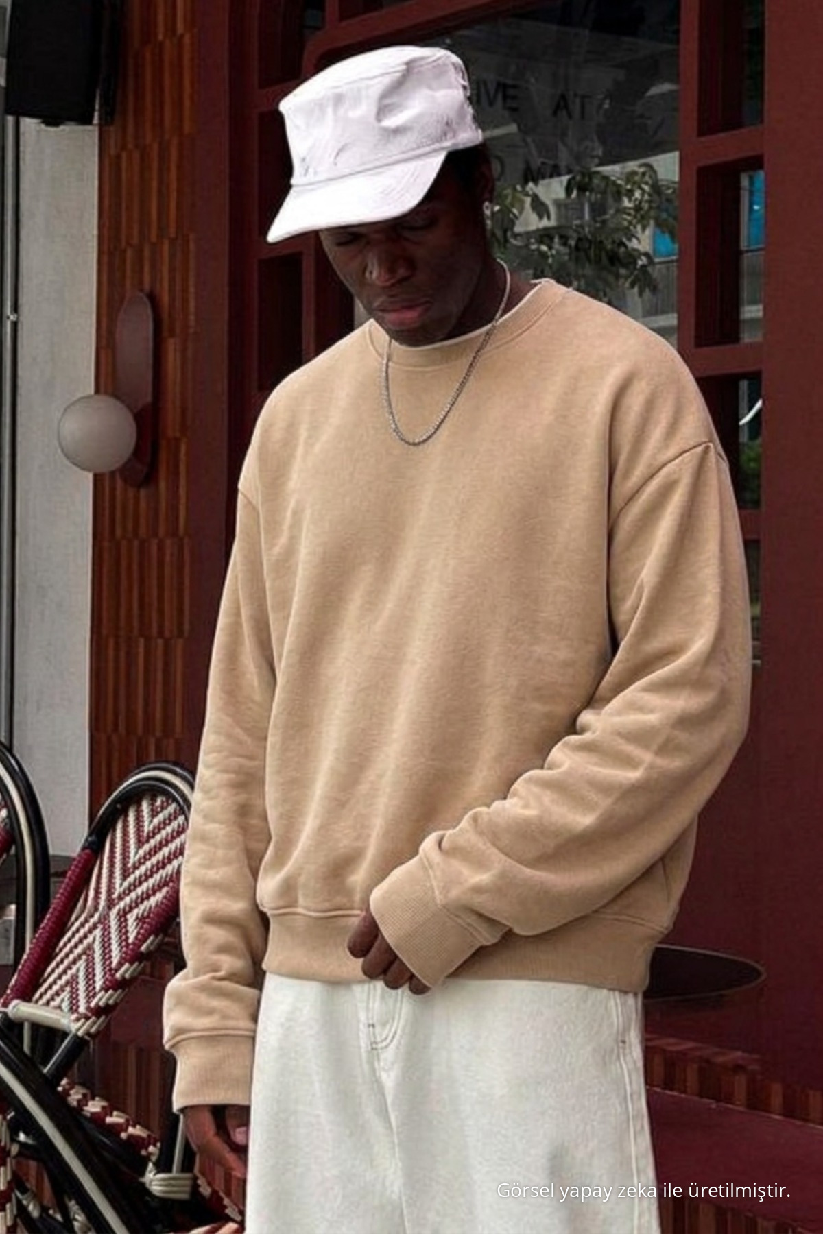 Erkek Pamuklu Salaş Açık Bej Kışlık Sweatshirt 4
