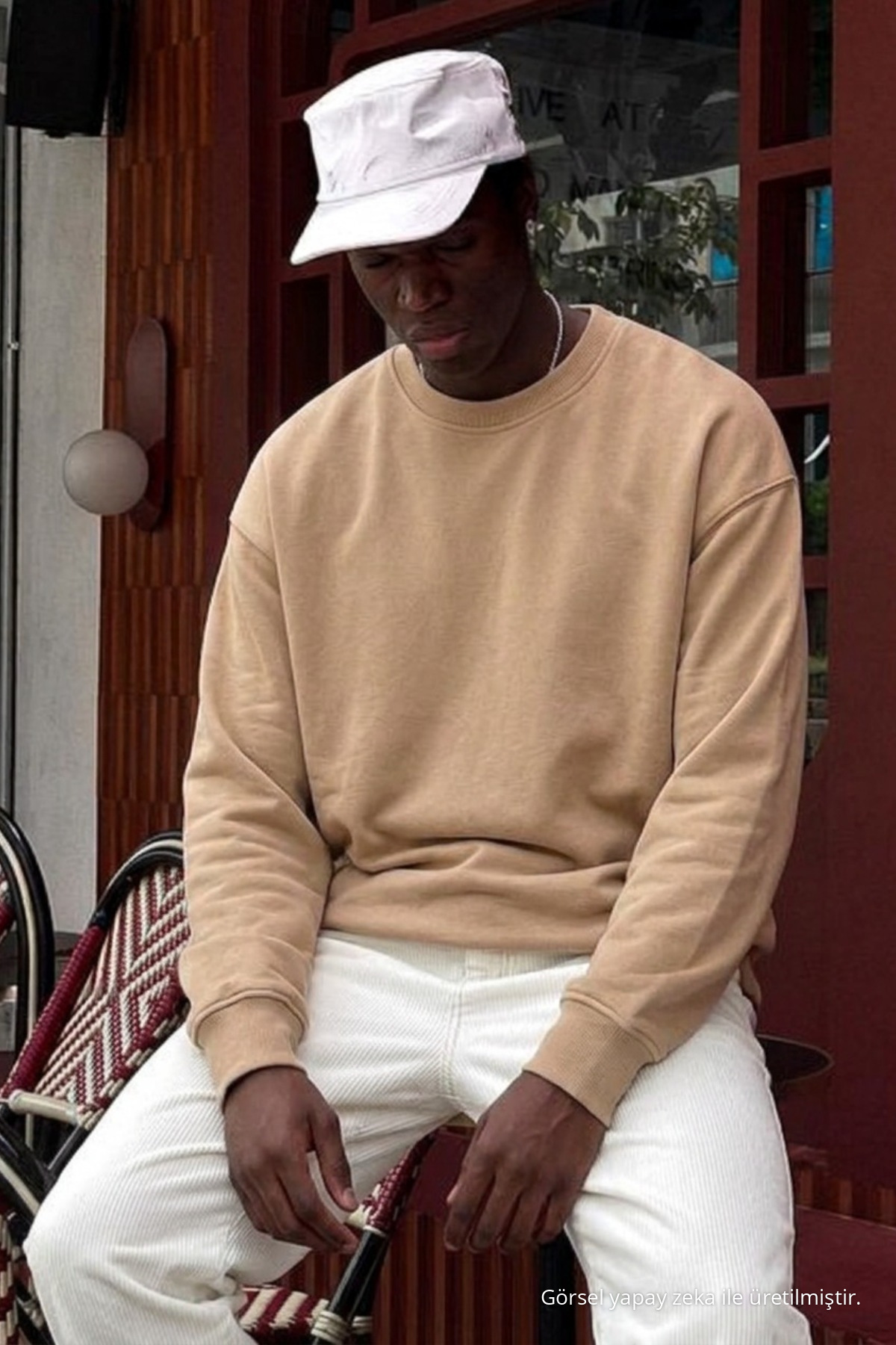 Erkek Pamuklu Salaş Açık Bej Kışlık Sweatshirt 3