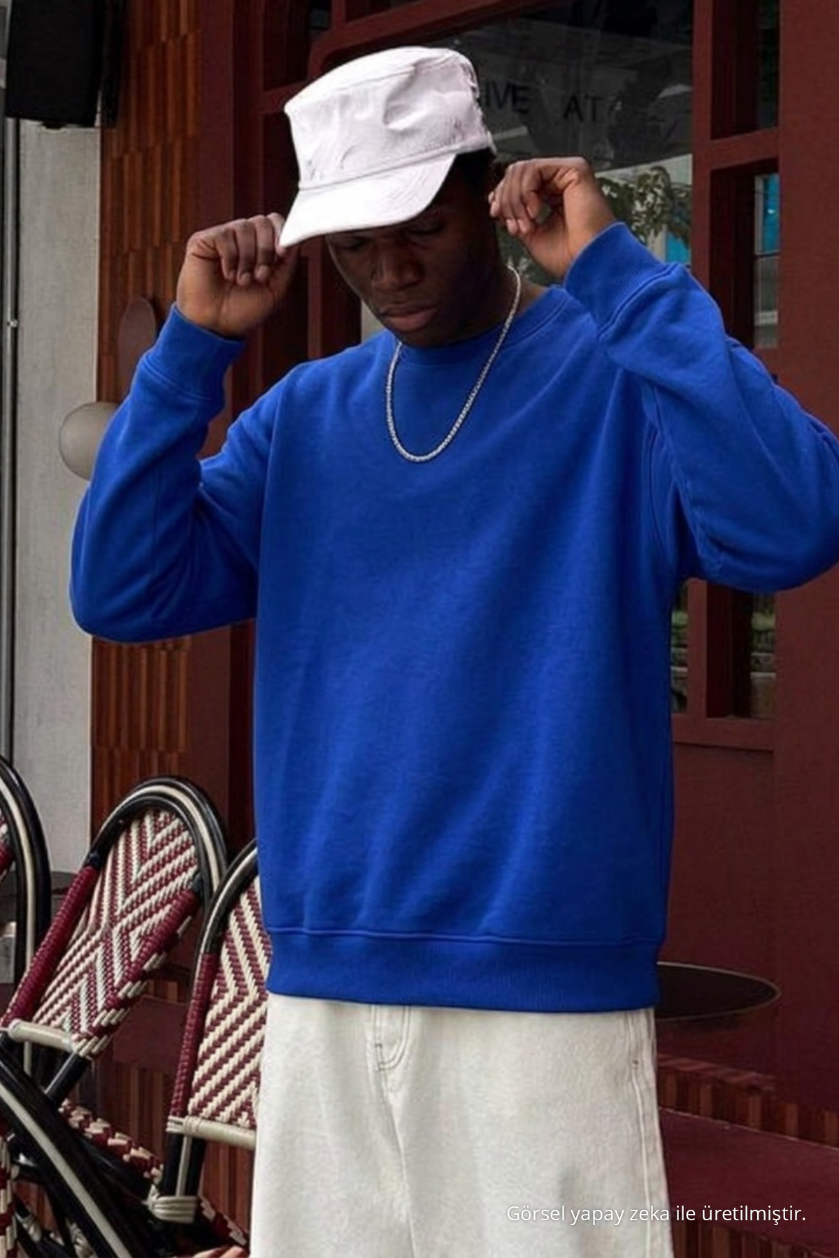 Erkek Pamuklu Salaş Mavi Kışlık Sweatshirt 3