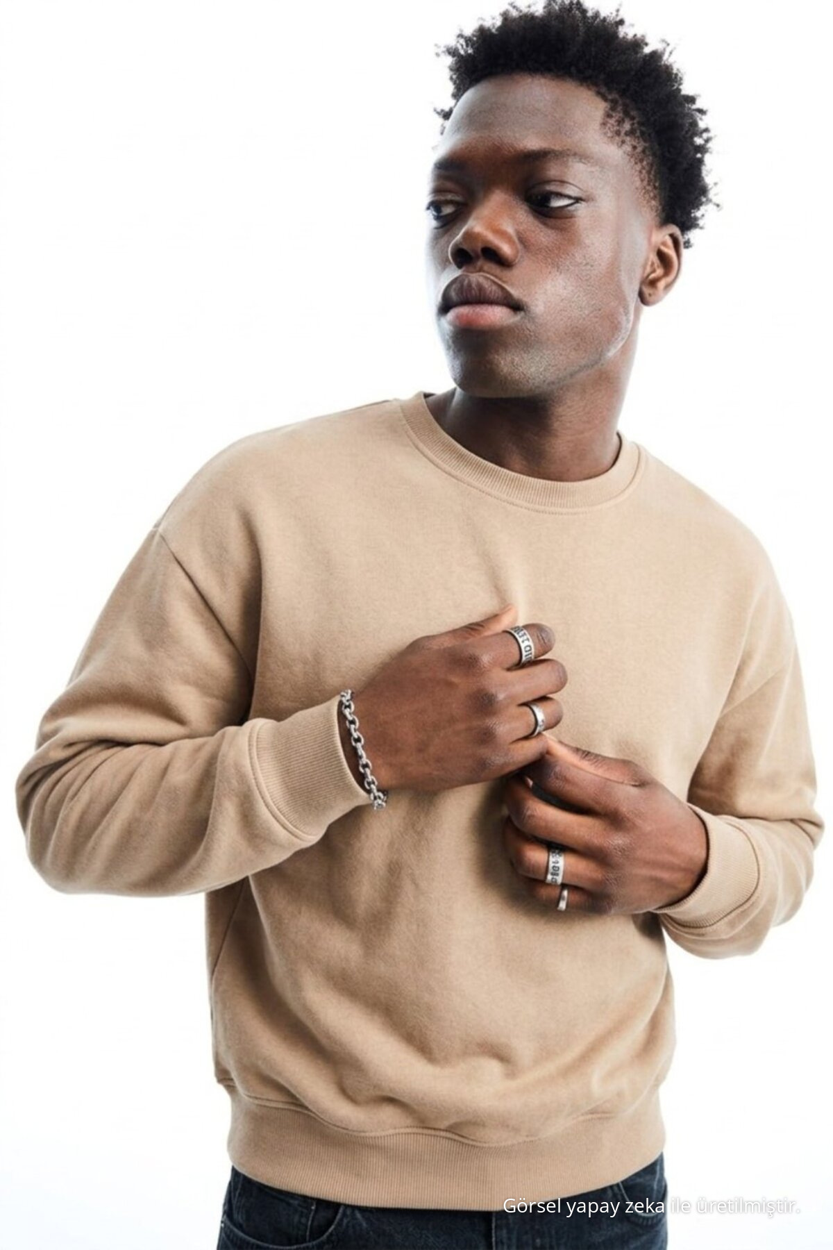 Erkek Regular Uzun Kollu Açık Bej Basic Sweatshirt 6