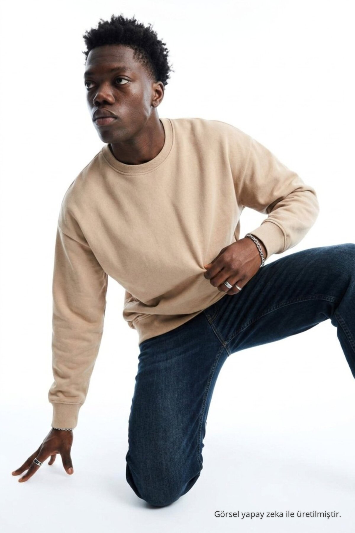 Erkek Regular Uzun Kollu Açık Bej Basic Sweatshirt 3