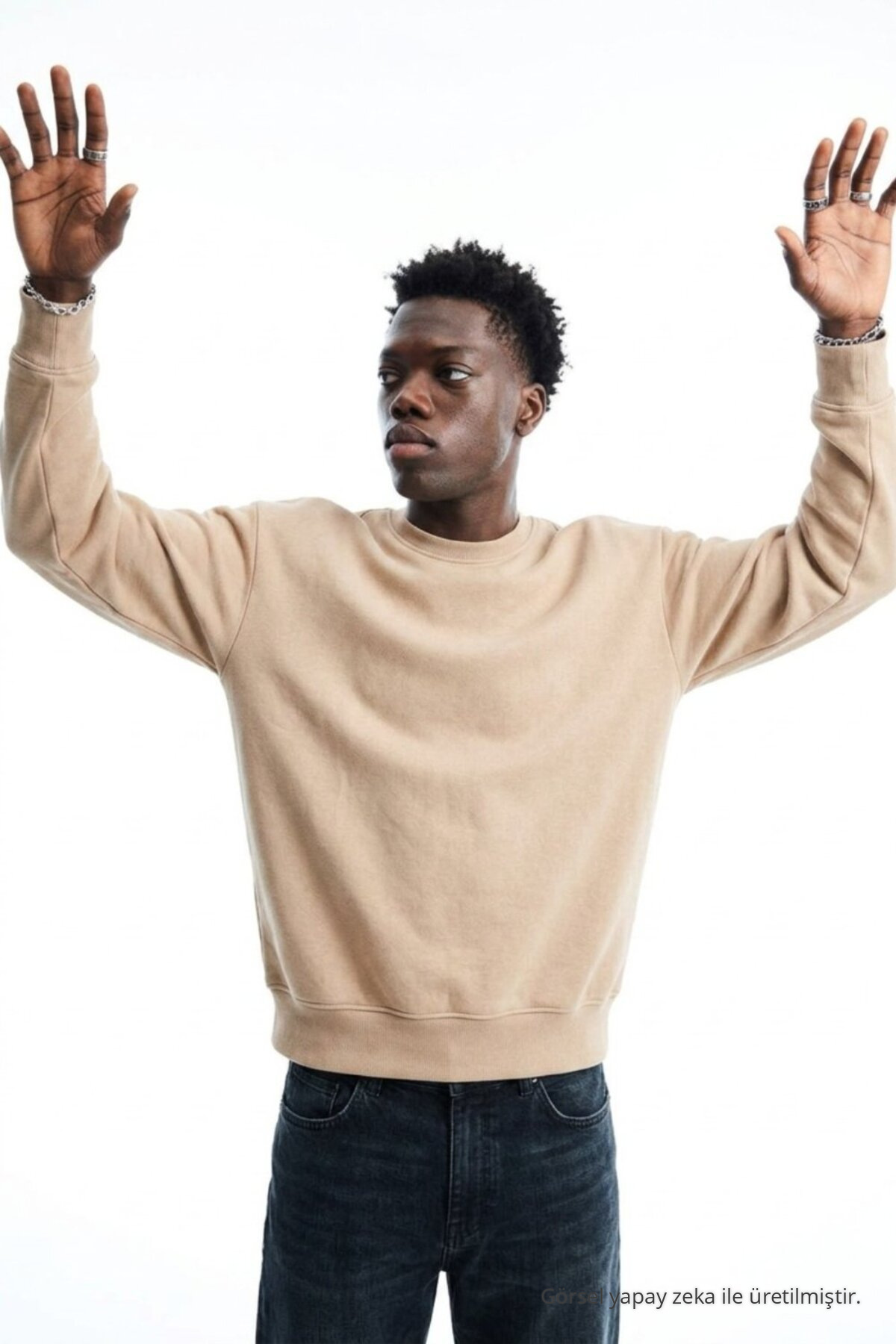 Erkek Regular Uzun Kollu Açık Bej Basic Sweatshirt 4