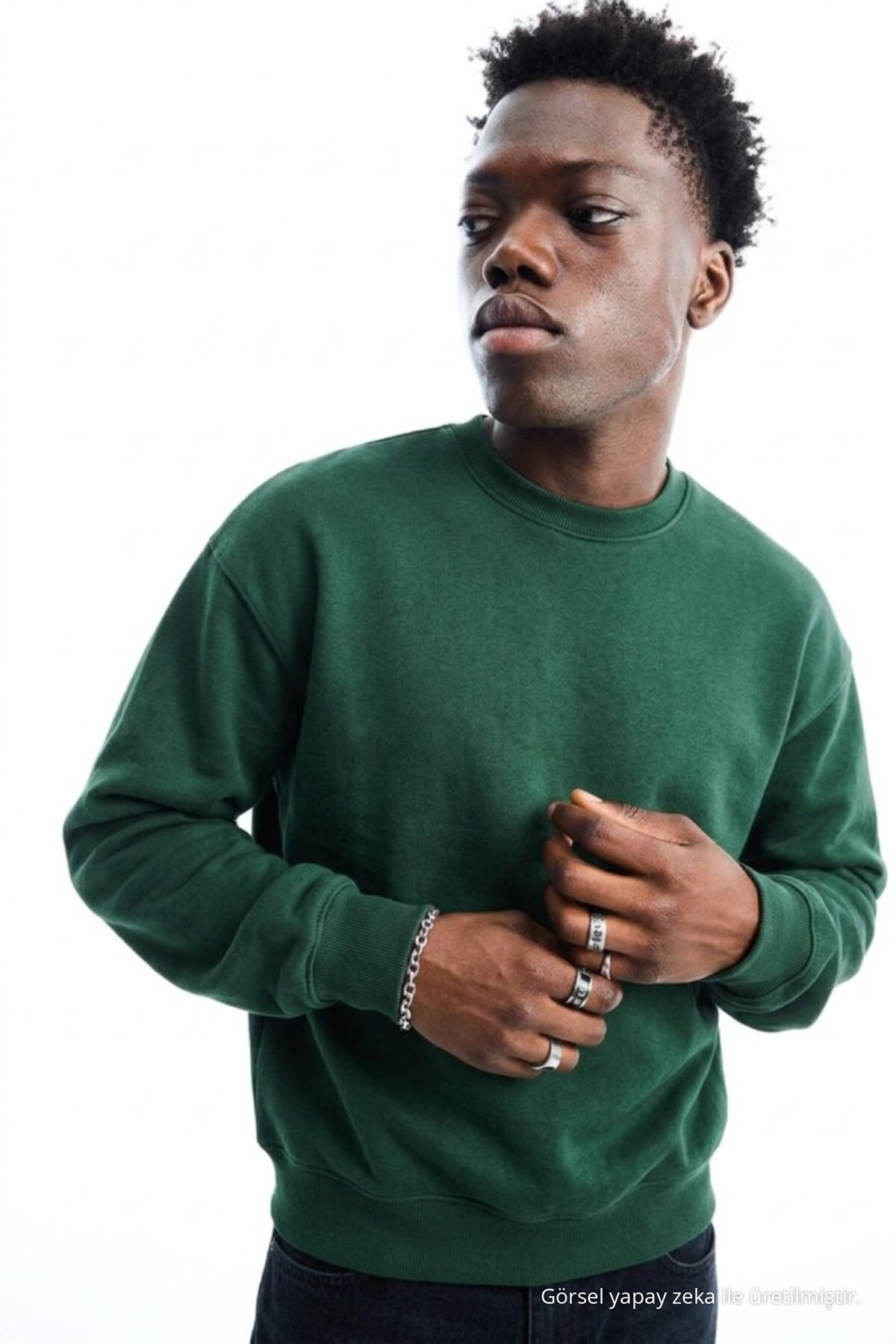 Erkek Regular Uzun Kollu Koyu Yeşil Basic Sweatshirt 6