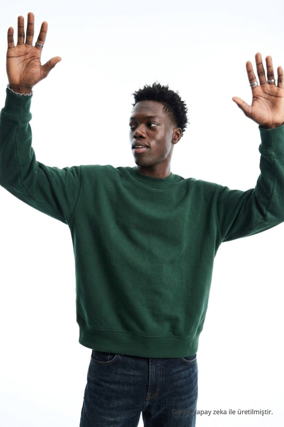 Erkek Regular Uzun Kollu Koyu Yeşil Basic Sweatshirt 4