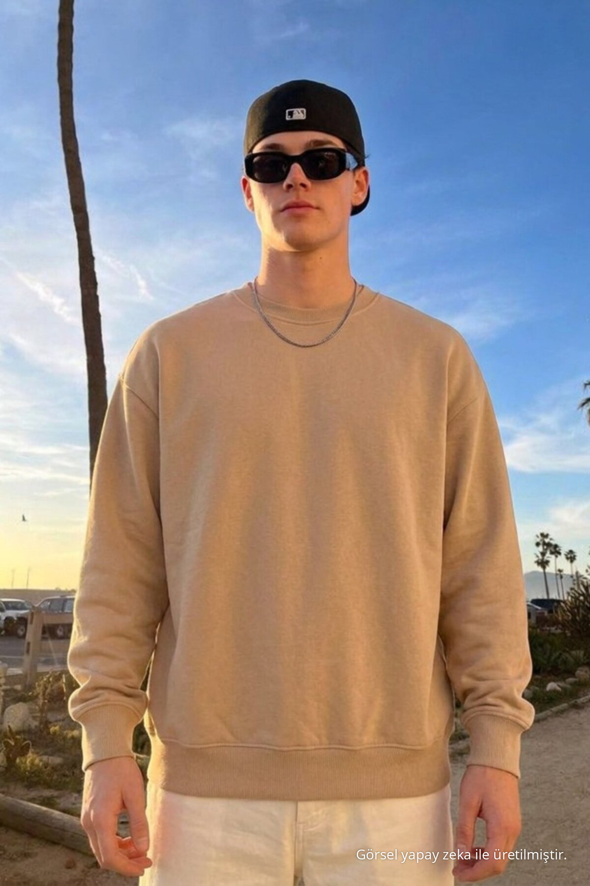 Erkek Günlük Rahat Kalıp Basic Açık Bej Sweatshirt 3