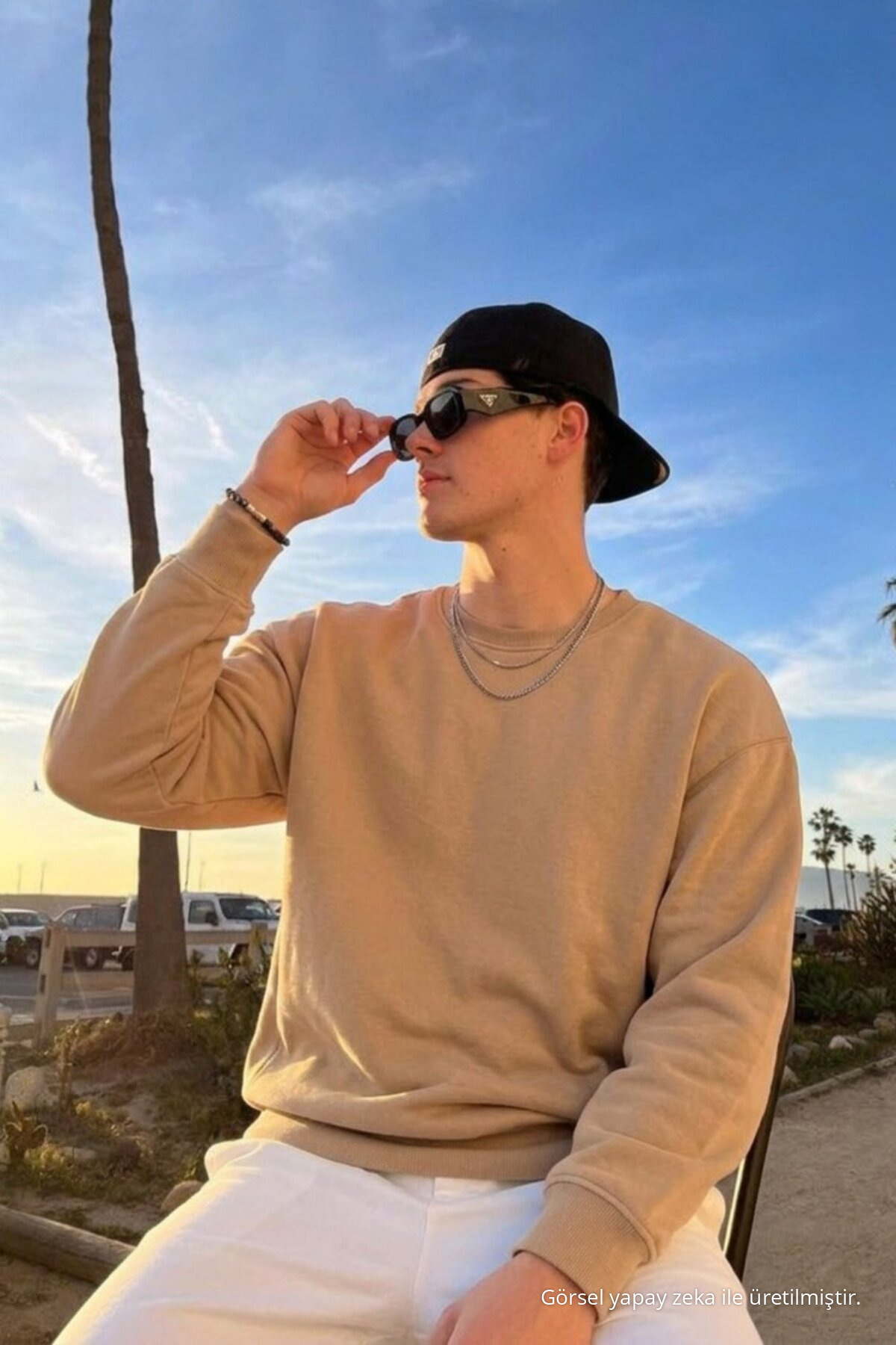 Erkek Günlük Rahat Kalıp Basic Açık Bej Sweatshirt 4