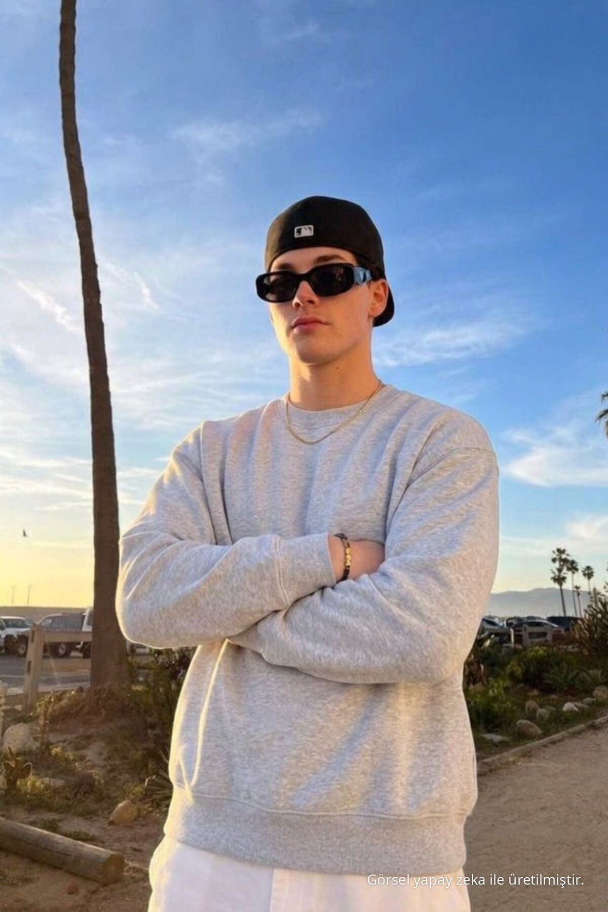 Erkek Günlük Rahat Kalıp Basic Açık Gri Sweatshirt 3
