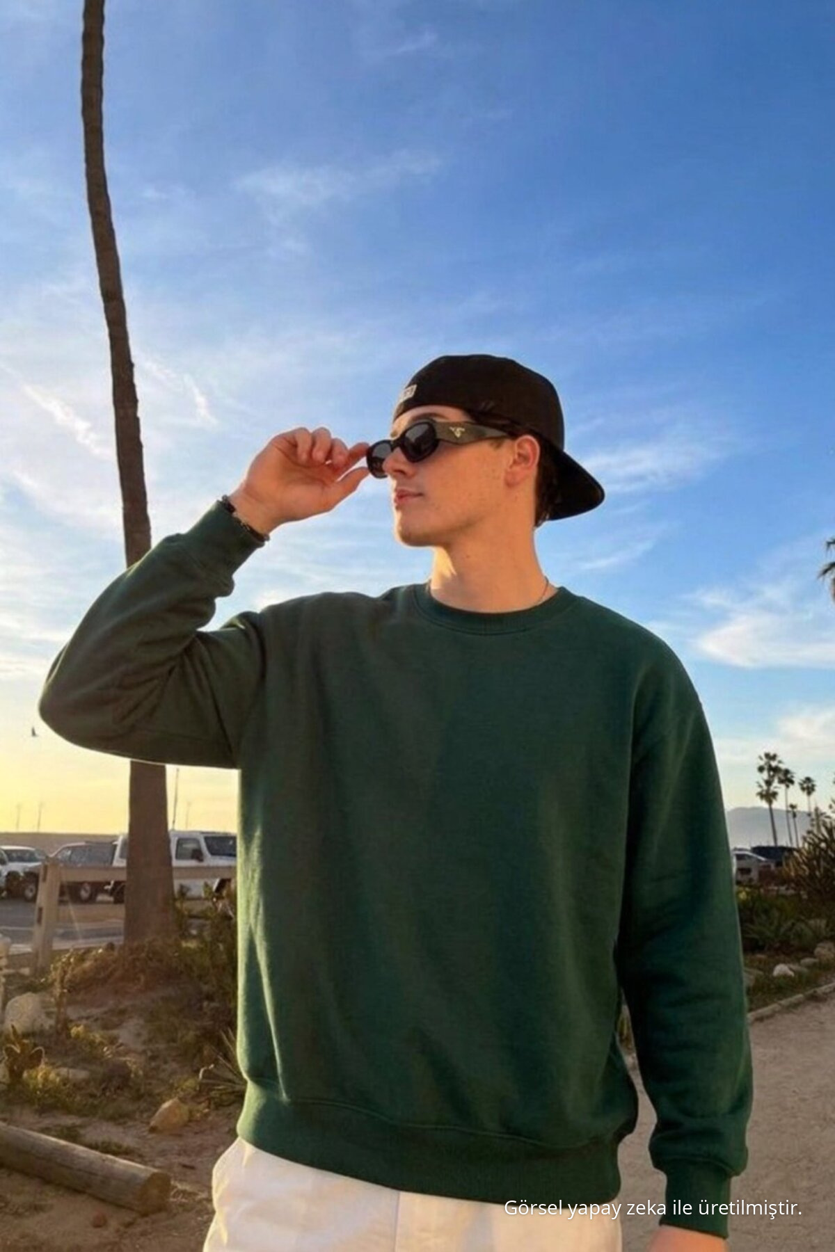 Erkek Günlük Rahat Kalıp Basic Koyu Yeşil Sweatshirt 6
