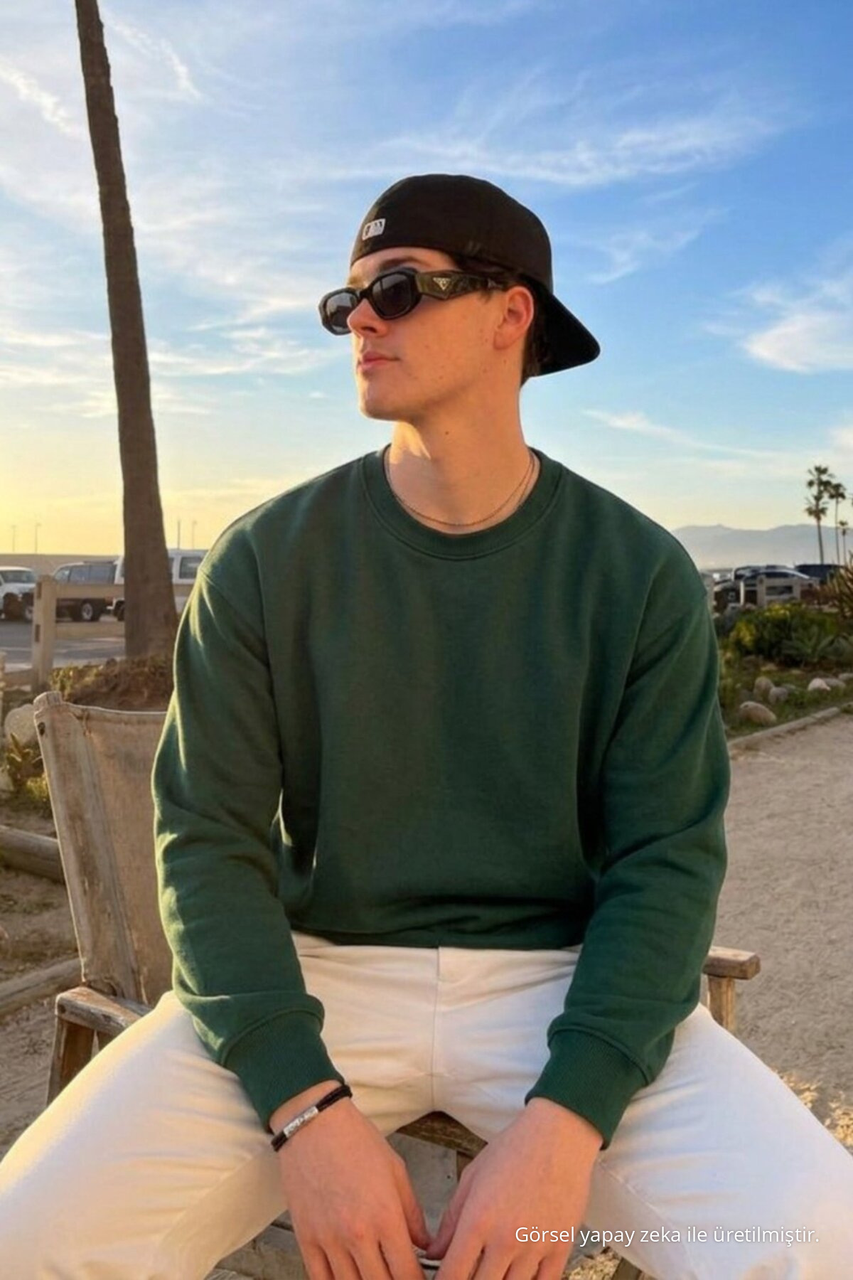 Erkek Günlük Rahat Kalıp Basic Koyu Yeşil Sweatshirt 4