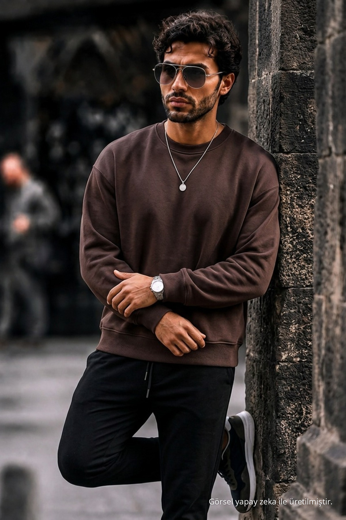 Erkek Kalın Dokuma Kahve Gündelik Sweatshirt 3
