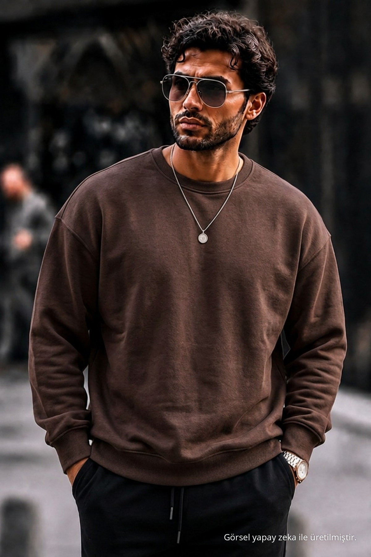 Erkek Kalın Dokuma Kahve Gündelik Sweatshirt 6
