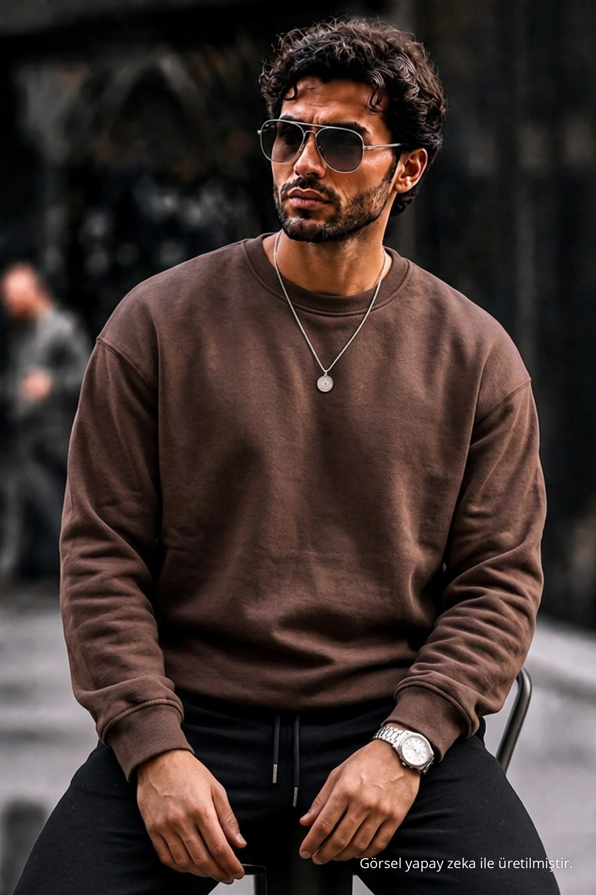 Erkek Kalın Dokuma Kahve Gündelik Sweatshirt 4