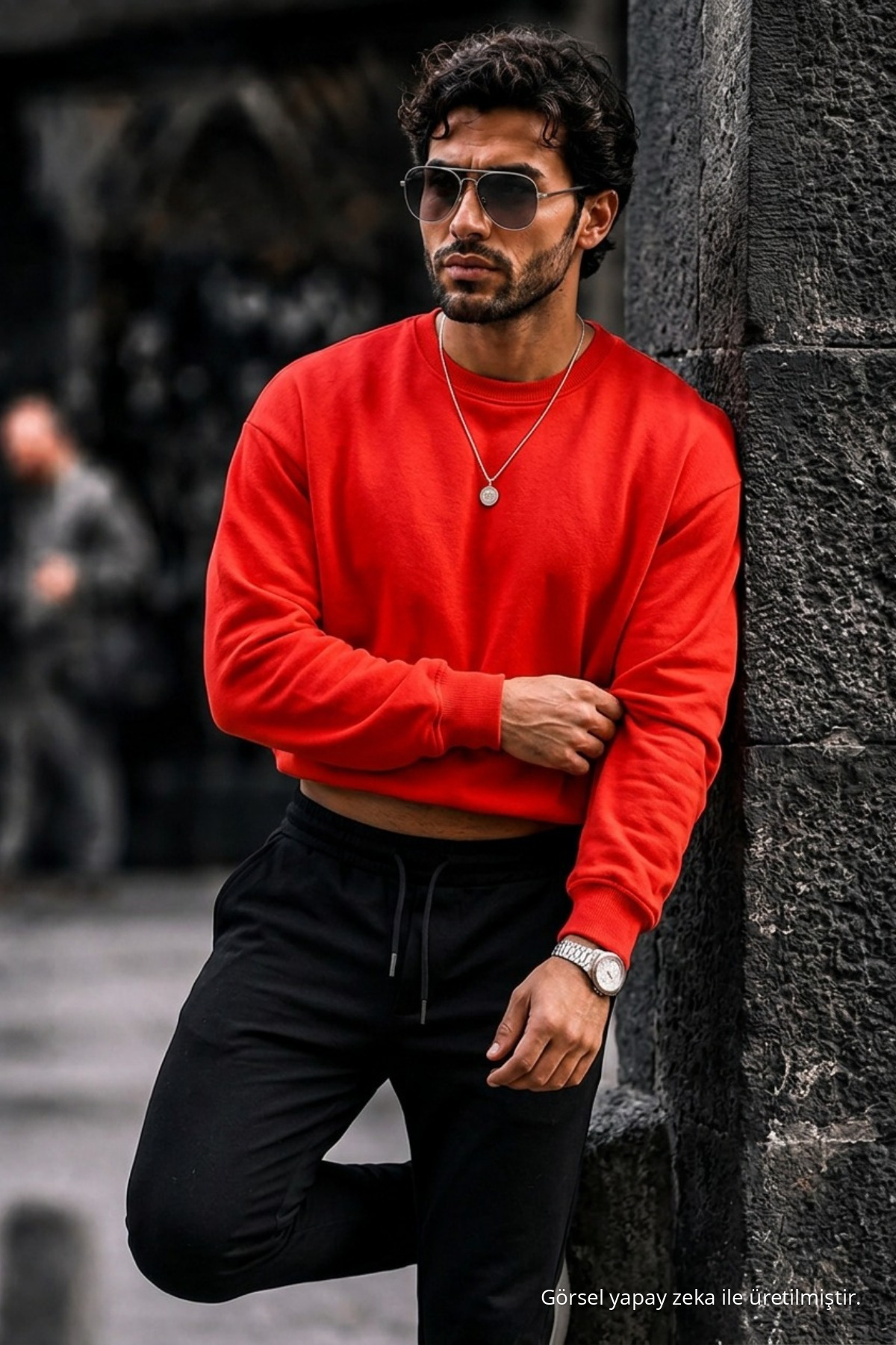 Erkek Kalın Dokuma Kırmızı Gündelik Sweatshirt 3