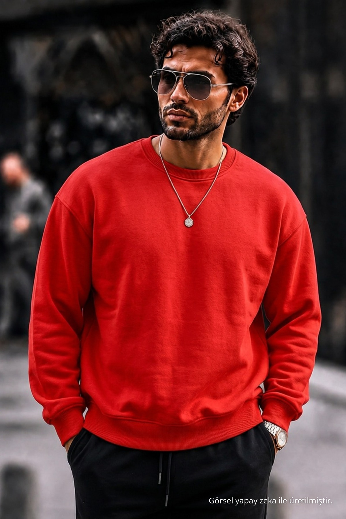 Erkek Kalın Dokuma Kırmızı Gündelik Sweatshirt 6