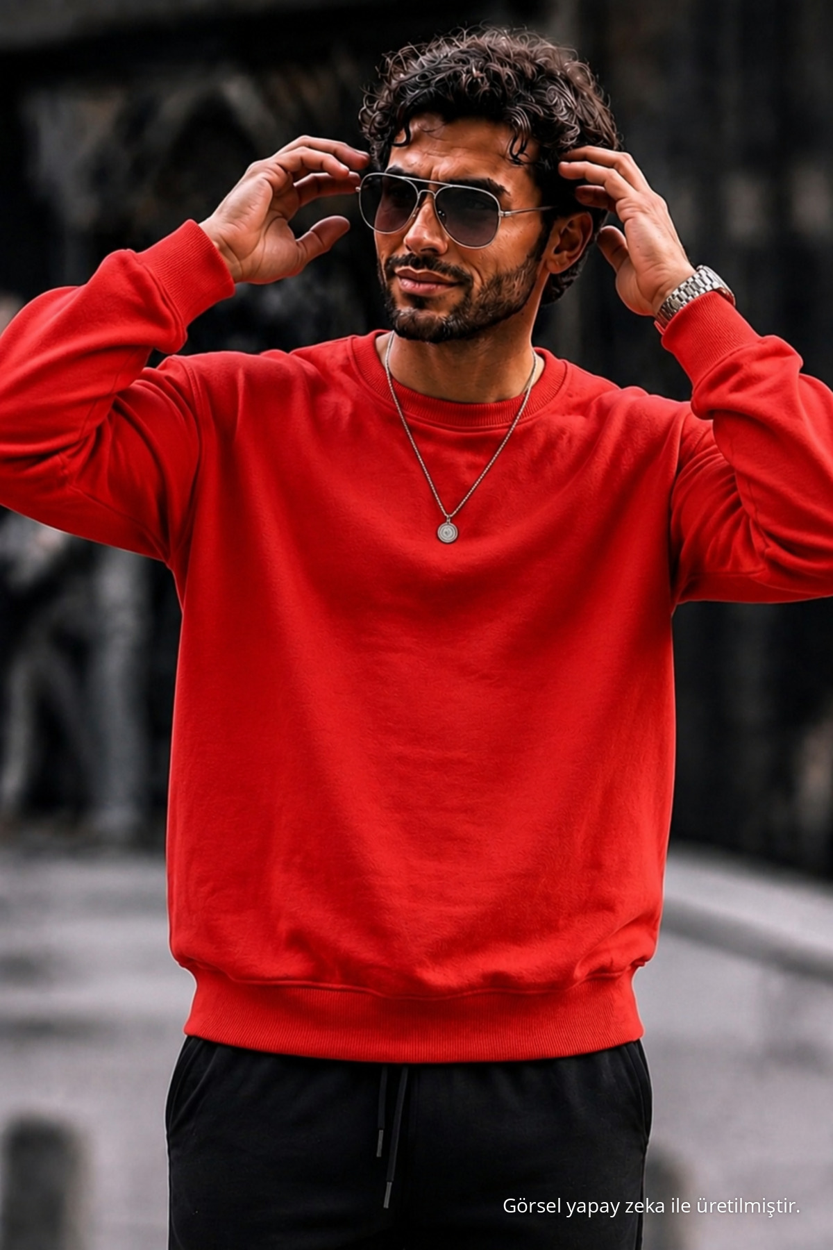 Erkek Kalın Dokuma Kırmızı Gündelik Sweatshirt 4