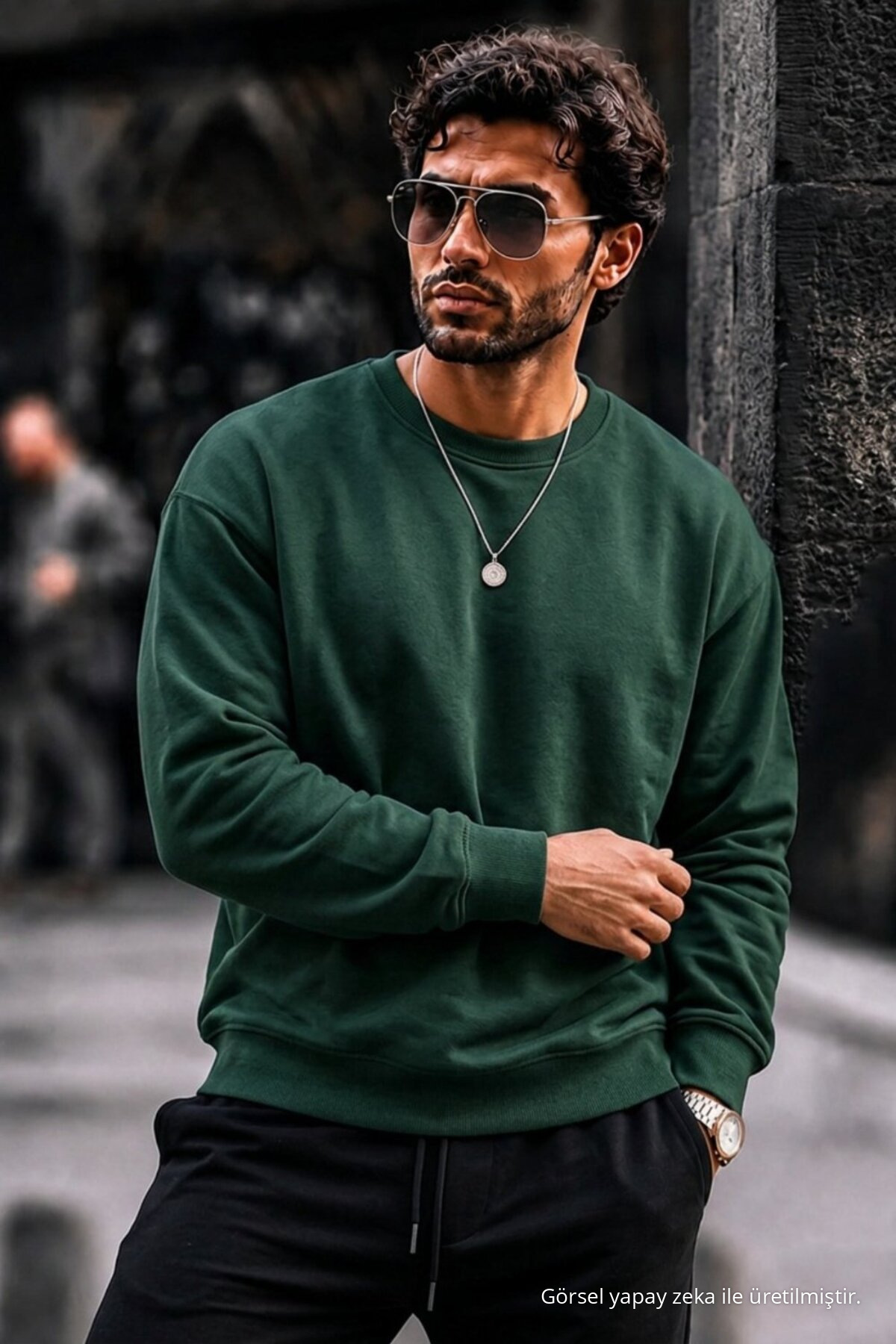 Erkek Kalın Dokuma Koyu Yeşil K.Yeşil Sweatshirt 3
