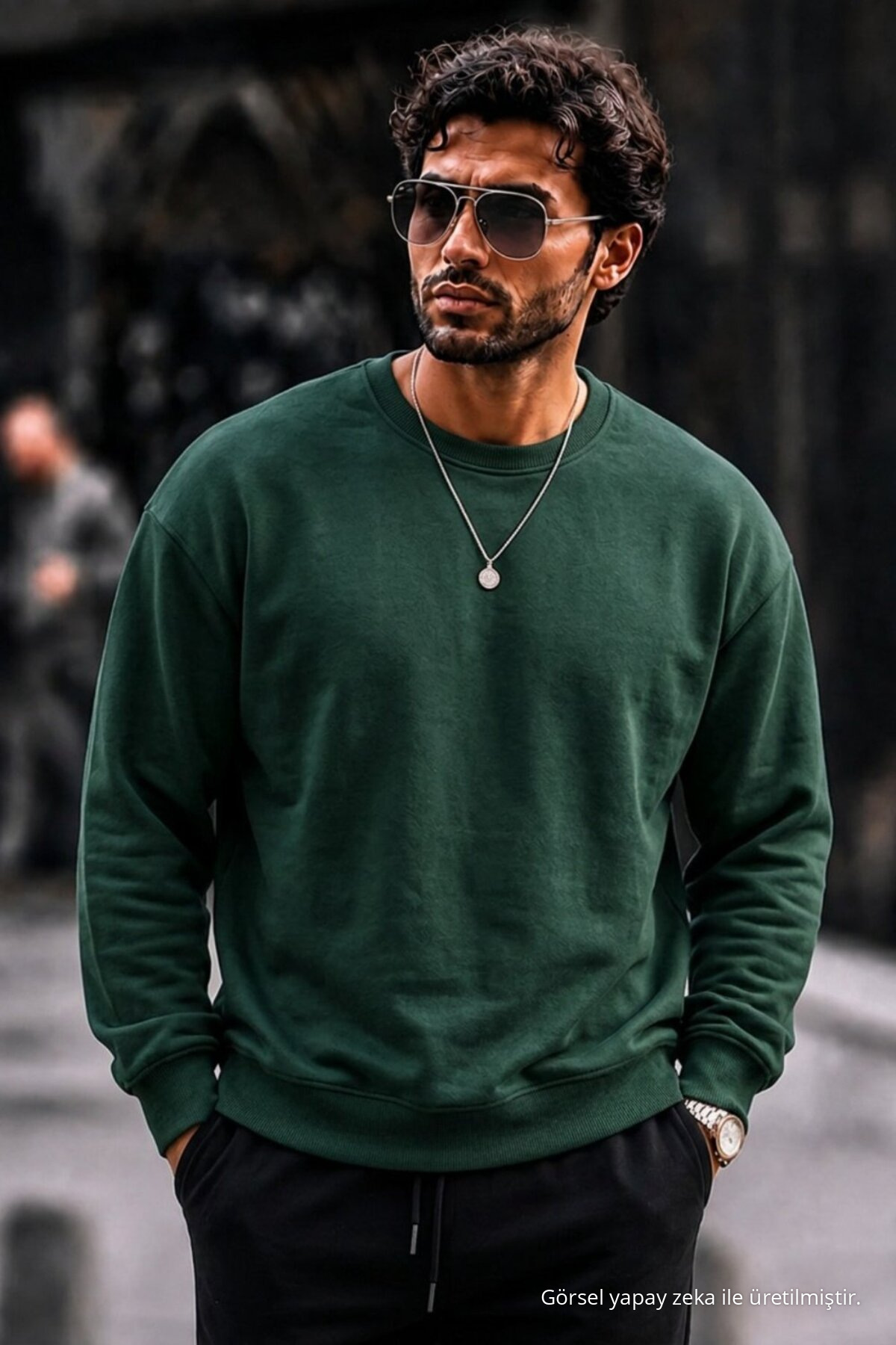 Erkek Kalın Dokuma Koyu Yeşil K.Yeşil Sweatshirt 6