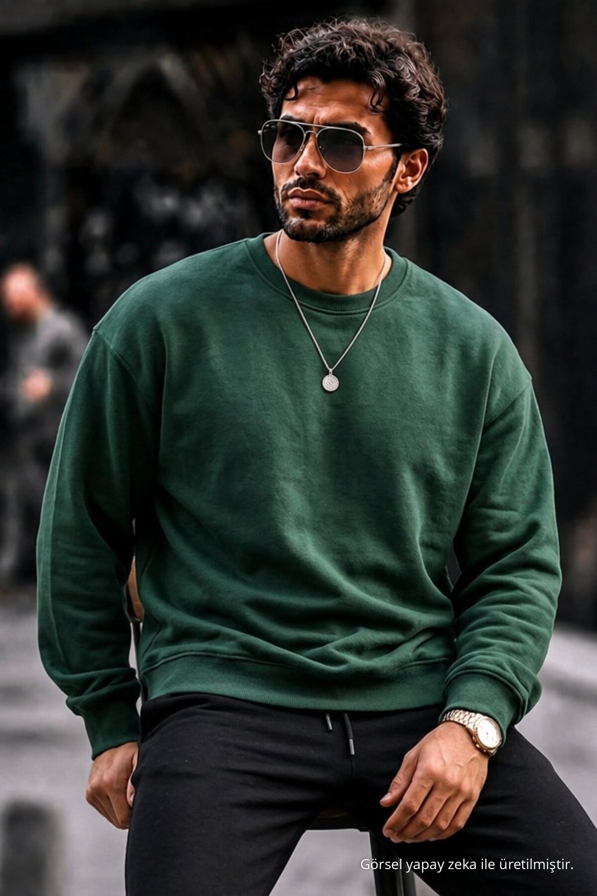 Erkek Kalın Dokuma Koyu Yeşil K.Yeşil Sweatshirt 4
