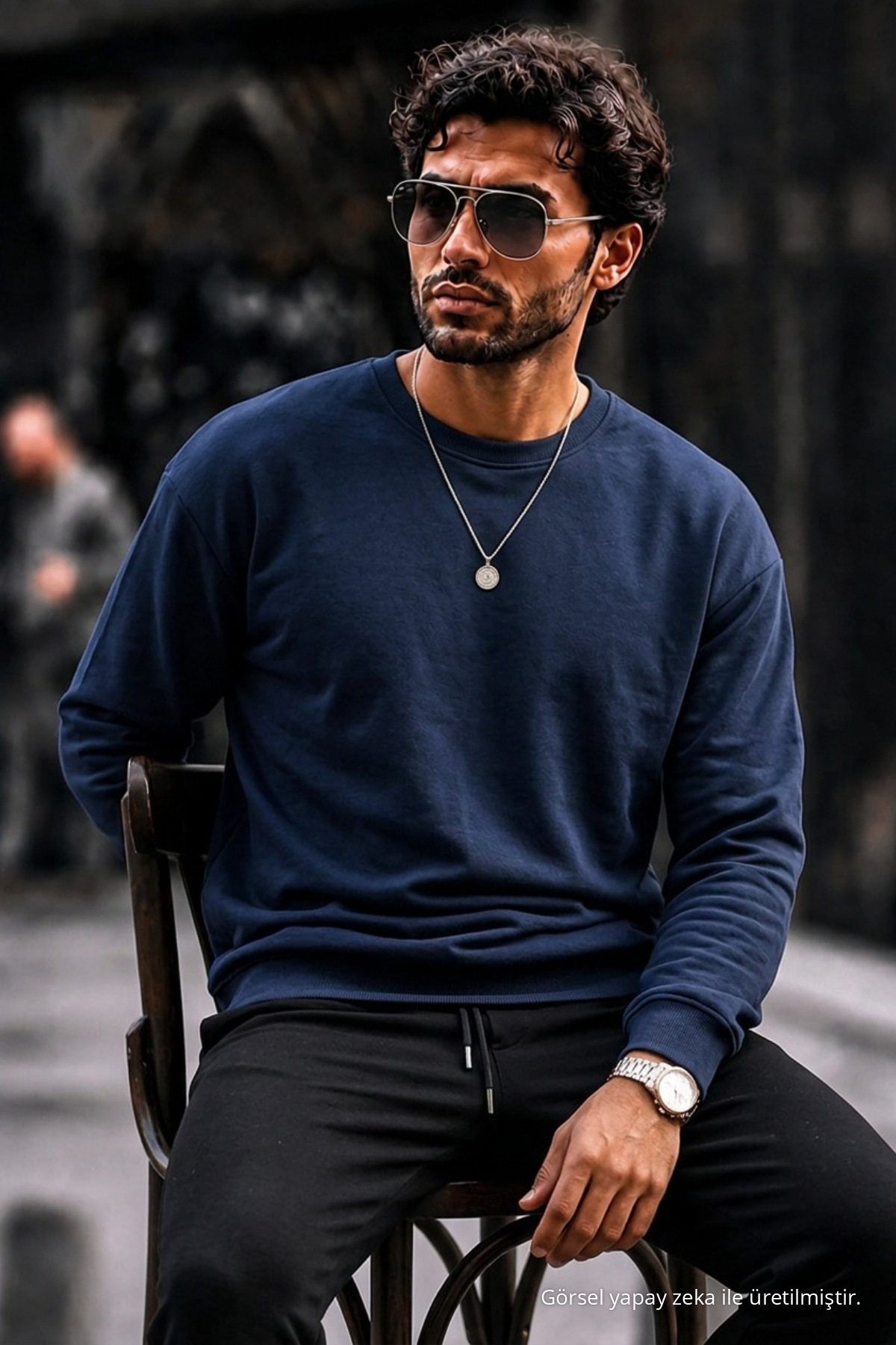 Erkek Kalın Dokuma Lacivert Gündelik Sweatshirt 4