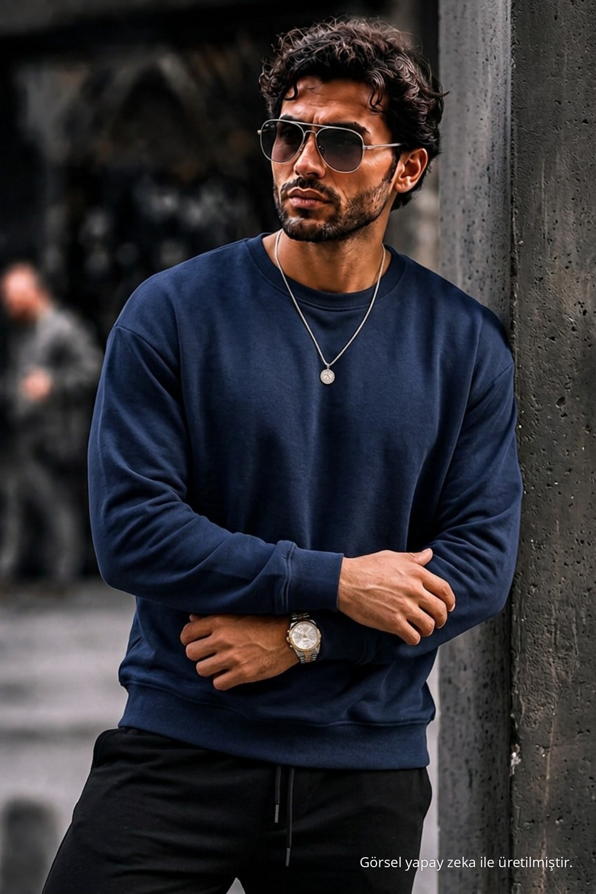 Erkek Kalın Dokuma Lacivert Gündelik Sweatshirt 3
