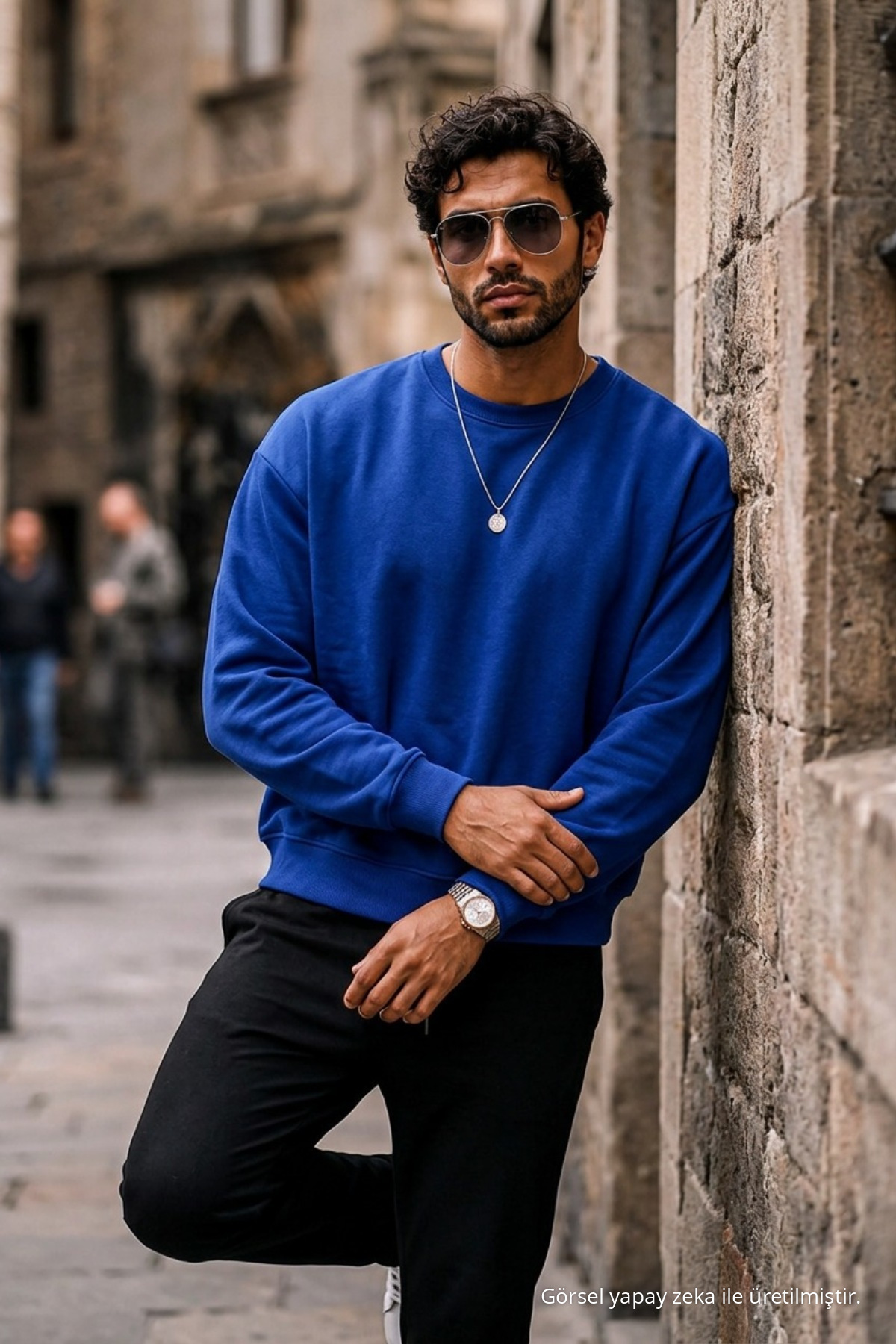 Erkek Kalın Dokuma Mavi Gündelik Sweatshirt 3