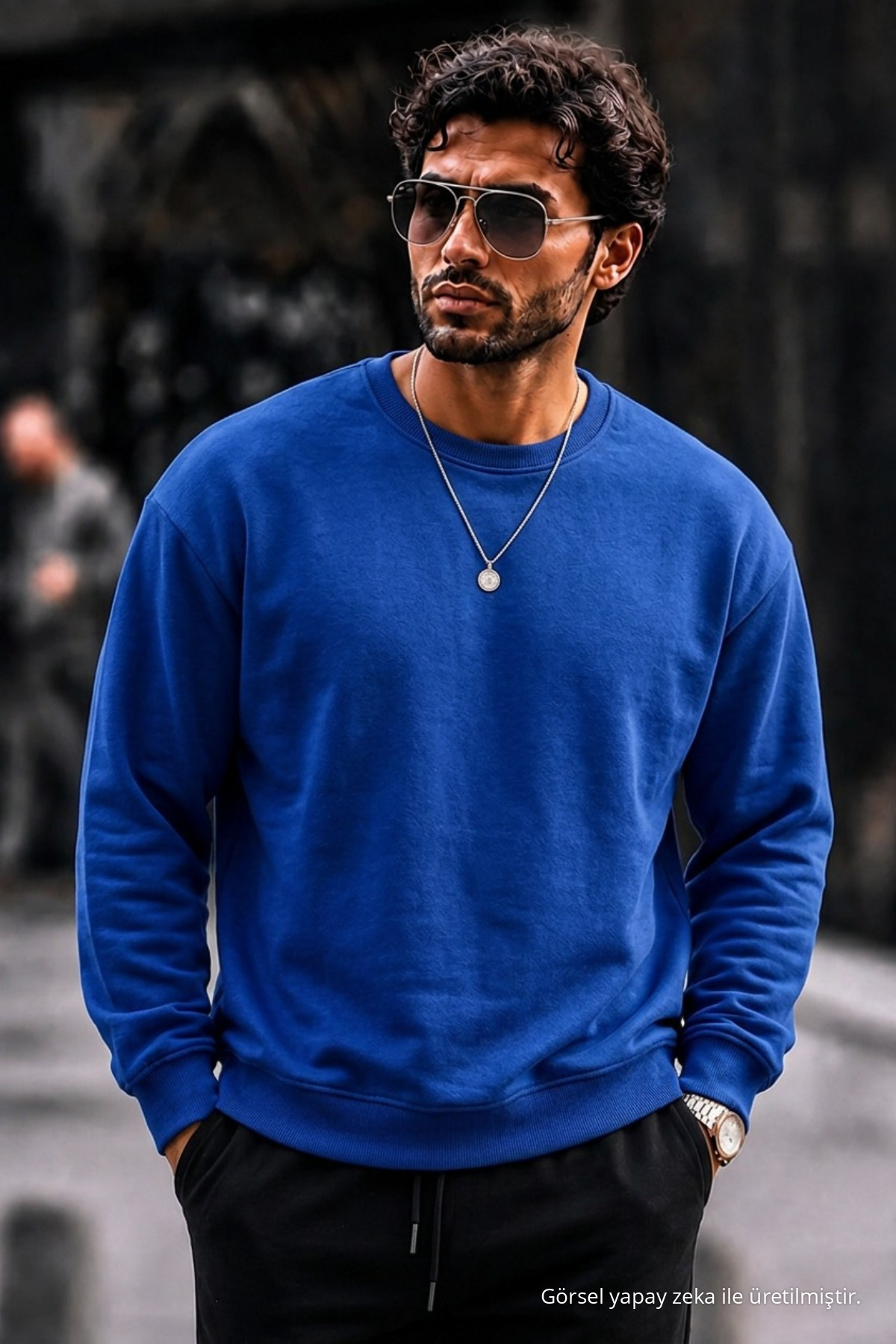 Erkek Kalın Dokuma Mavi Gündelik Sweatshirt 6