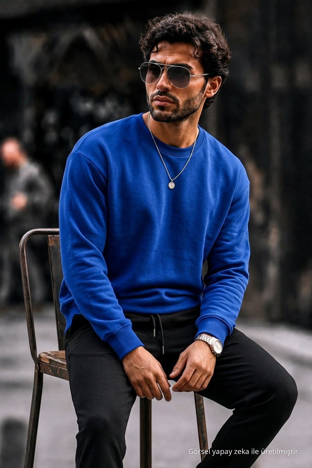 Erkek Kalın Dokuma Mavi Gündelik Sweatshirt 4